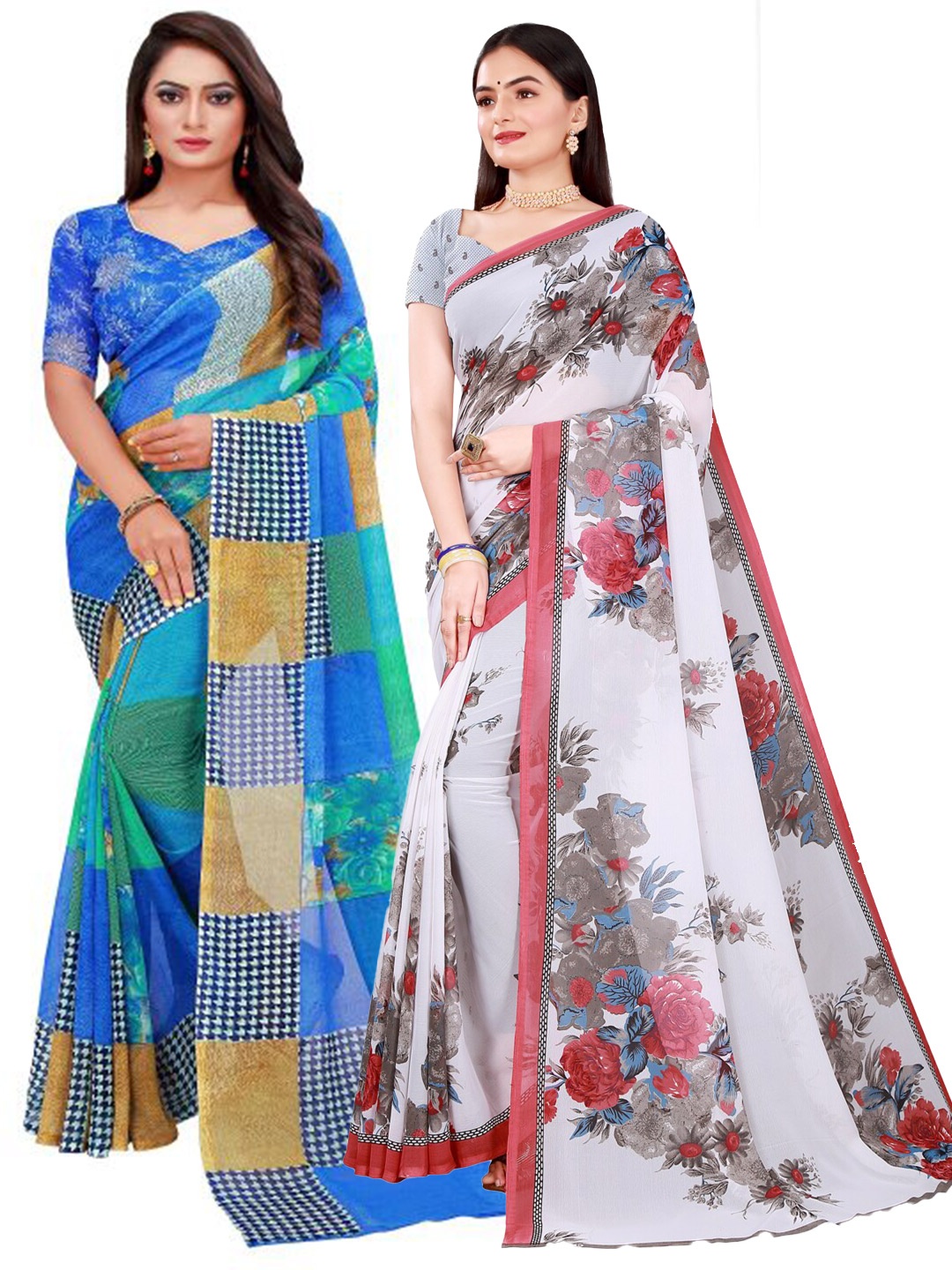 

Florence Blue & White Pack of 2 Printed Pure Georgette Saree