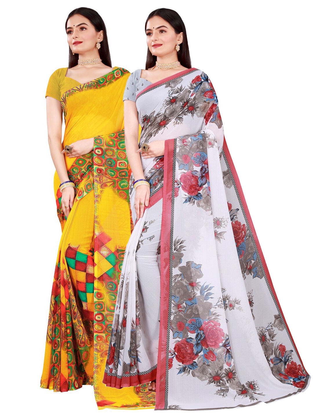 Florence Pack of 2 White & Yellow Pure Georgette Sarees