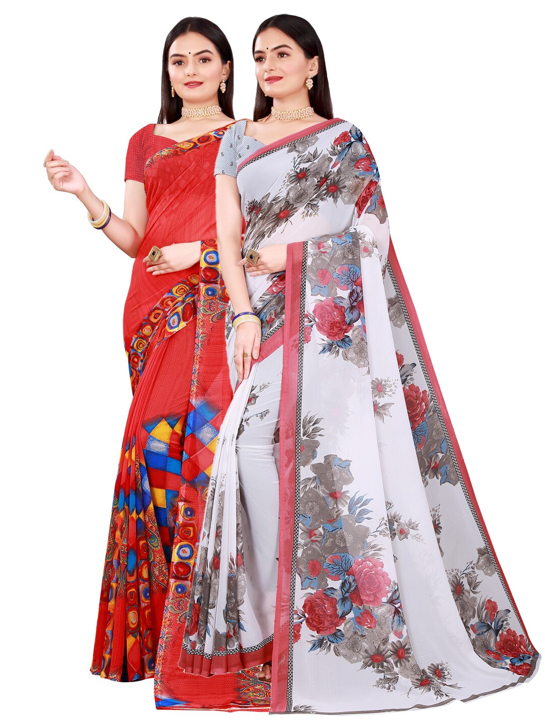 Florence Pack of 2 Red & White Floral Pure Georgette Saree