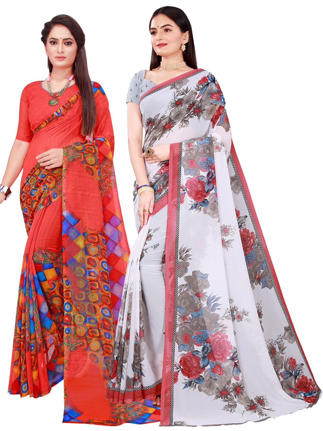 

Florence Pack Of 2 White & Pink Floral Pure Georgette Saree