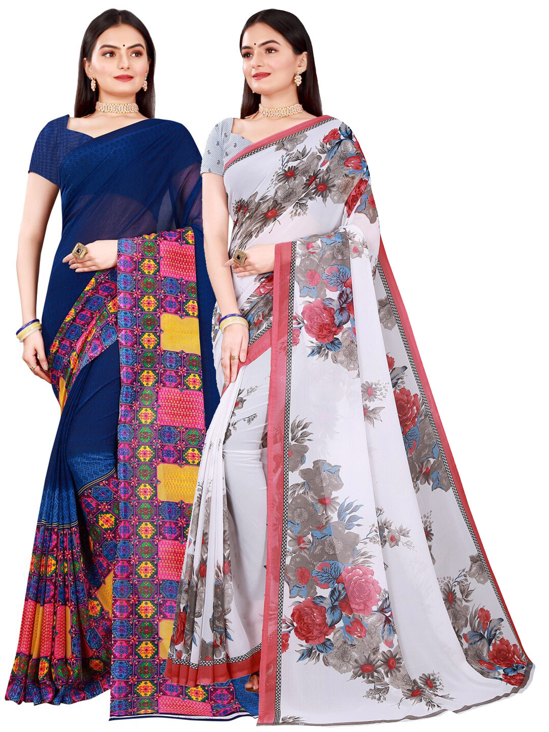 

Florence Set Of 2 White & Navy Blue Floral Pure Georgette Saree
