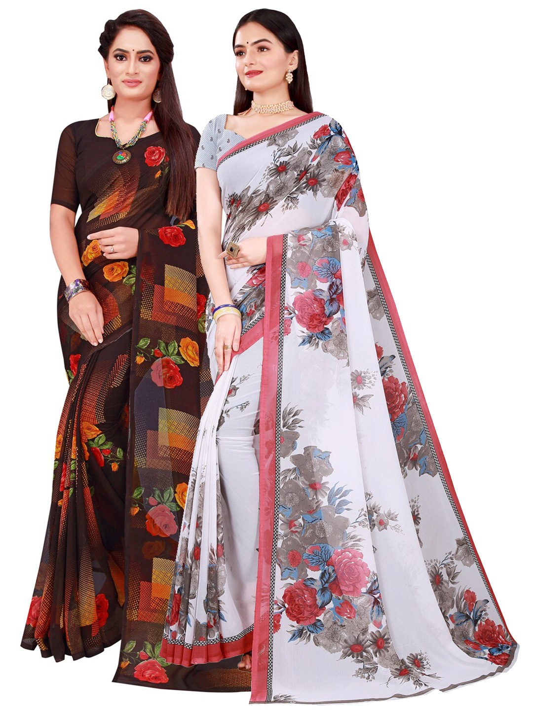 

Florence White & Brown Pack Of 2 Floral Pure Georgette Saree