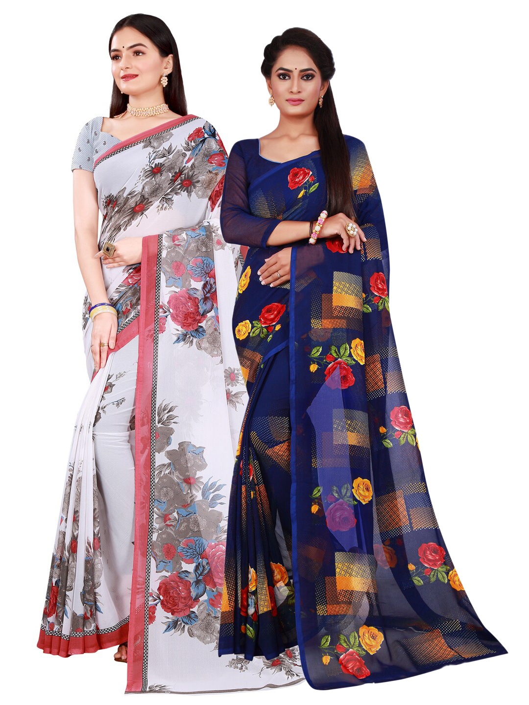 

Florence 2 White & Navy Blue Pure Georgette Saree