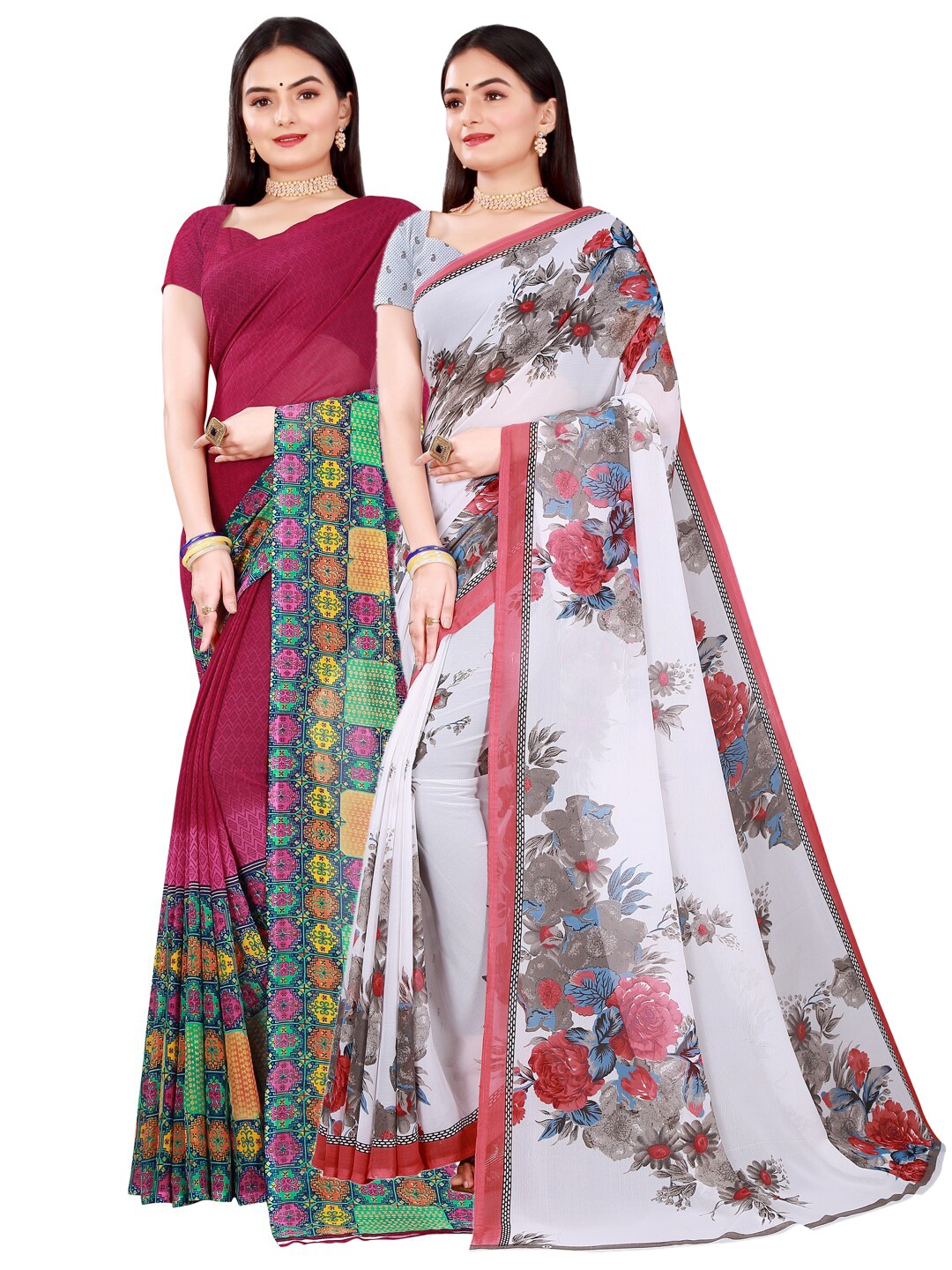 Florence Set Of 2 White & Maroon Floral Pure Georgette Saree