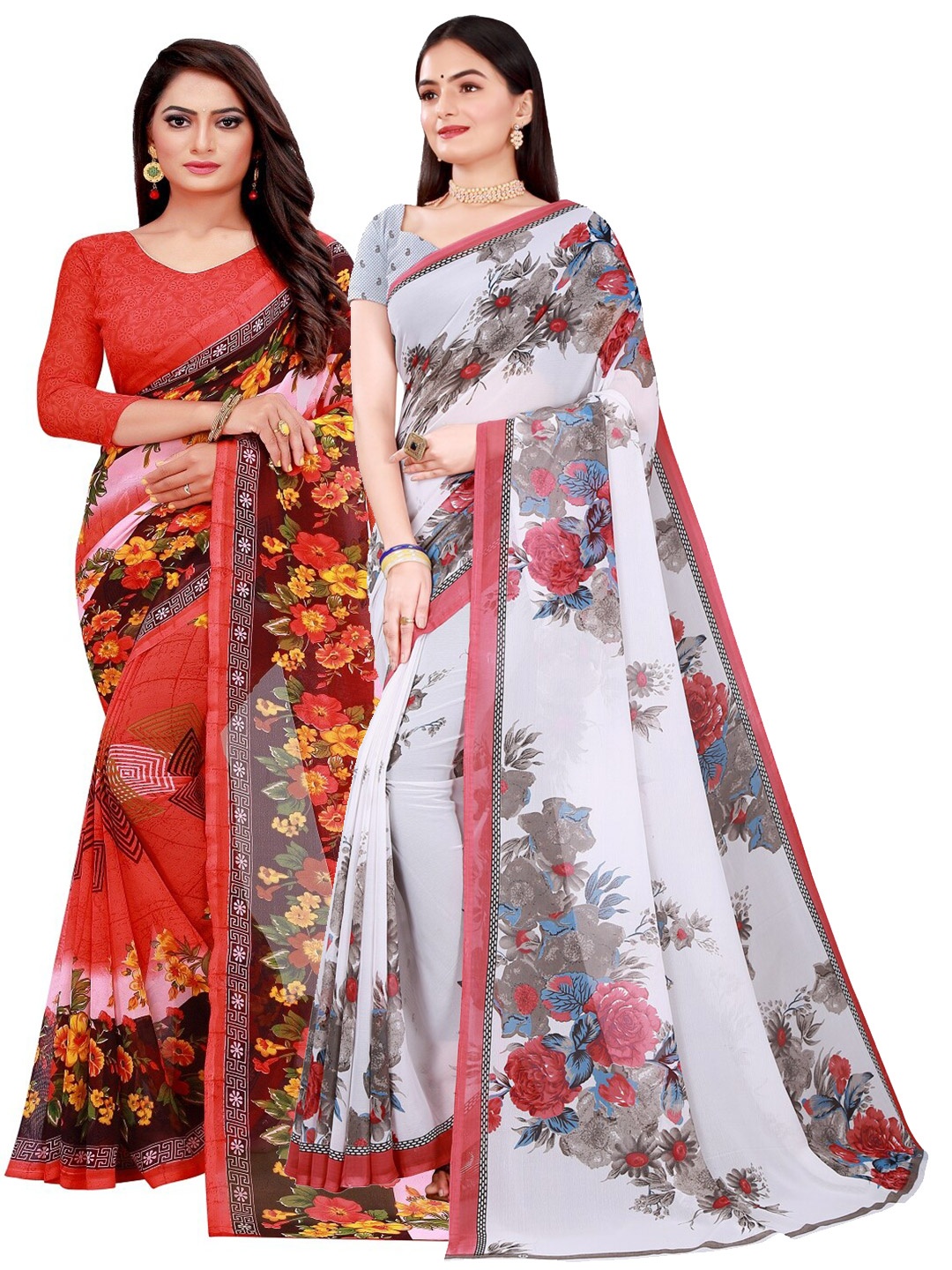 Florence Set Of 2 White & Red Pure Georgette Sarees