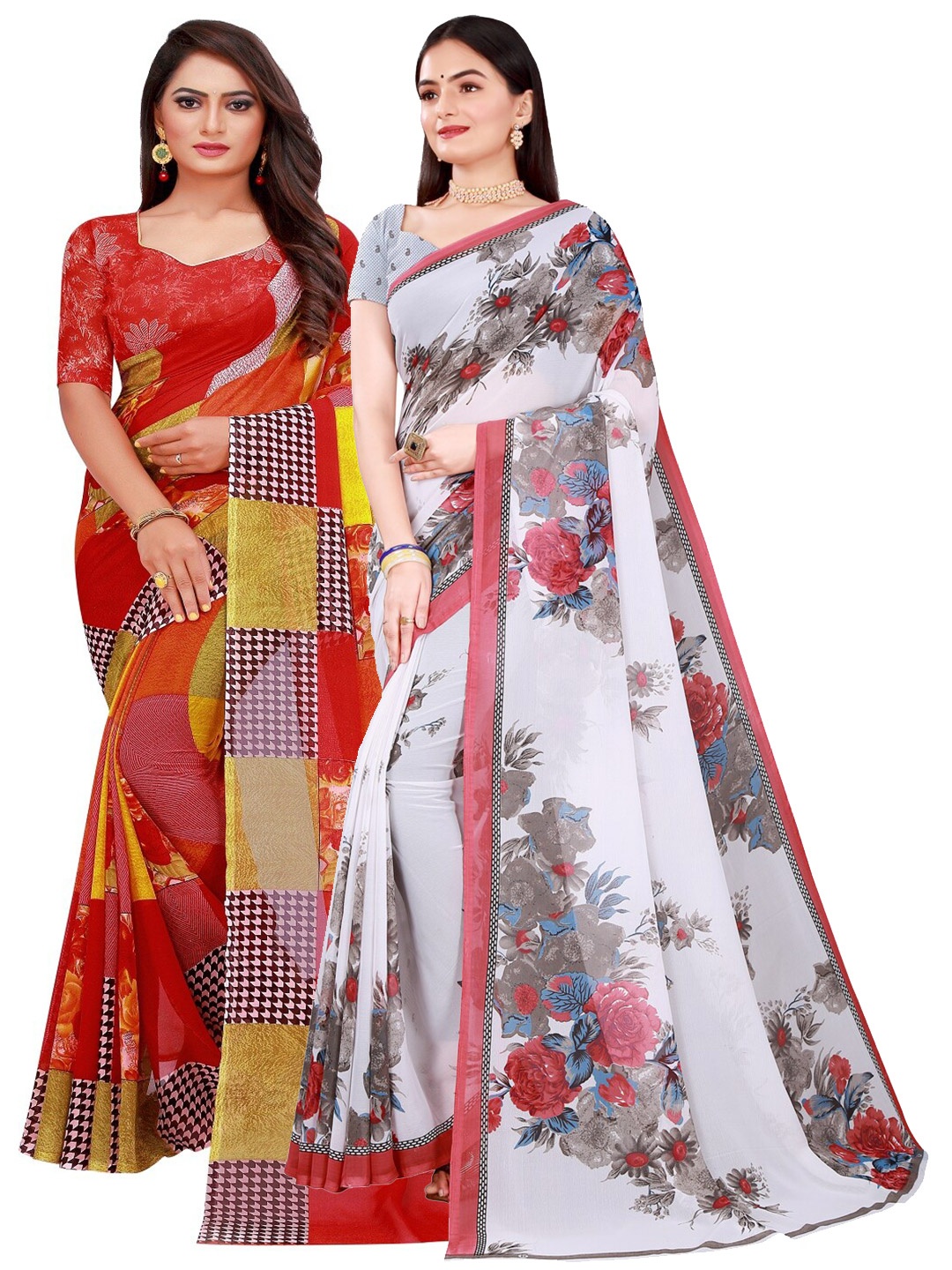 Florence Pack of 2 White & Red Floral Printed Pure Georgette Saree
