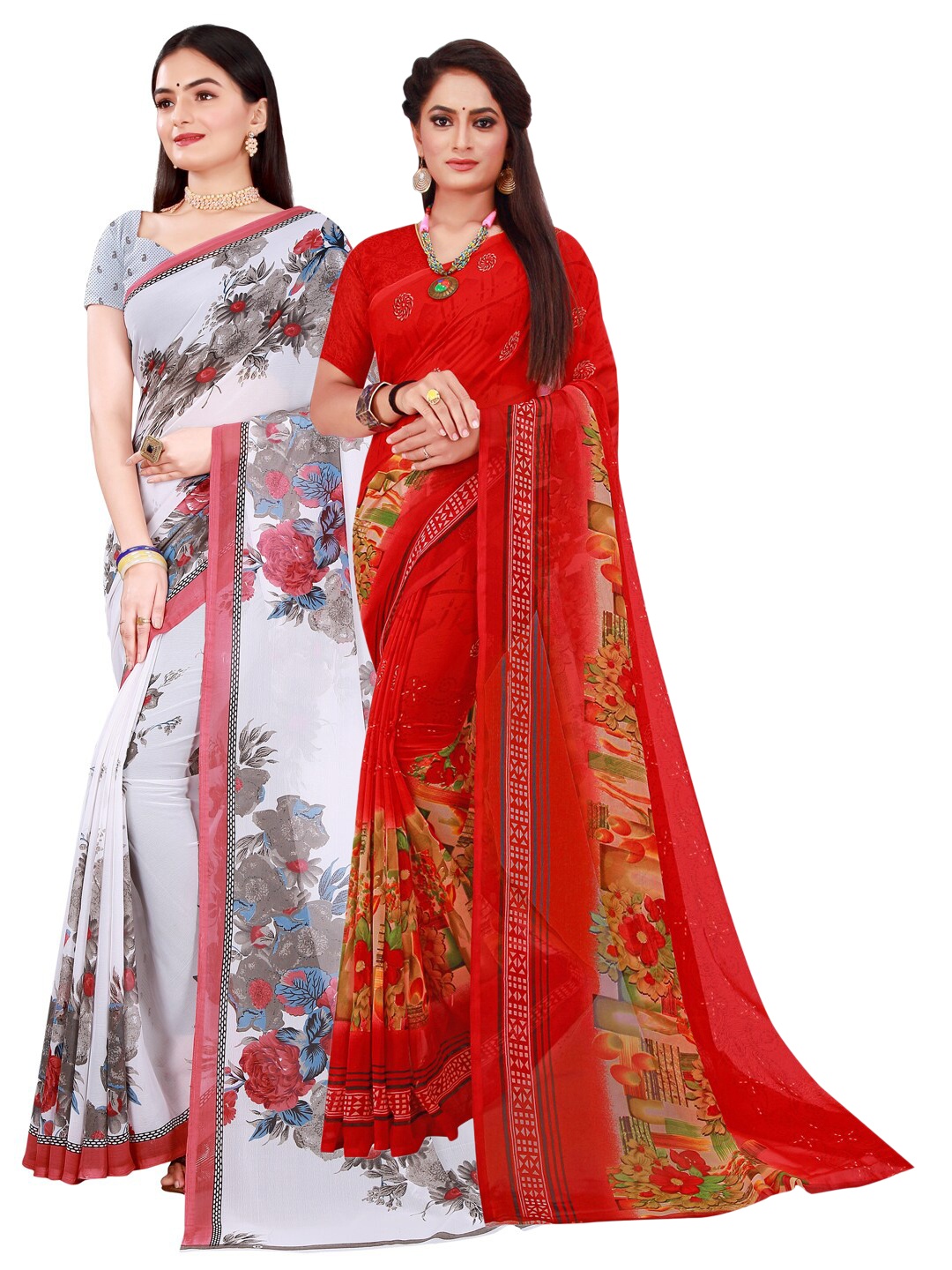 

Florence White & Red Floral Pure Georgette Sarees Pack of 2