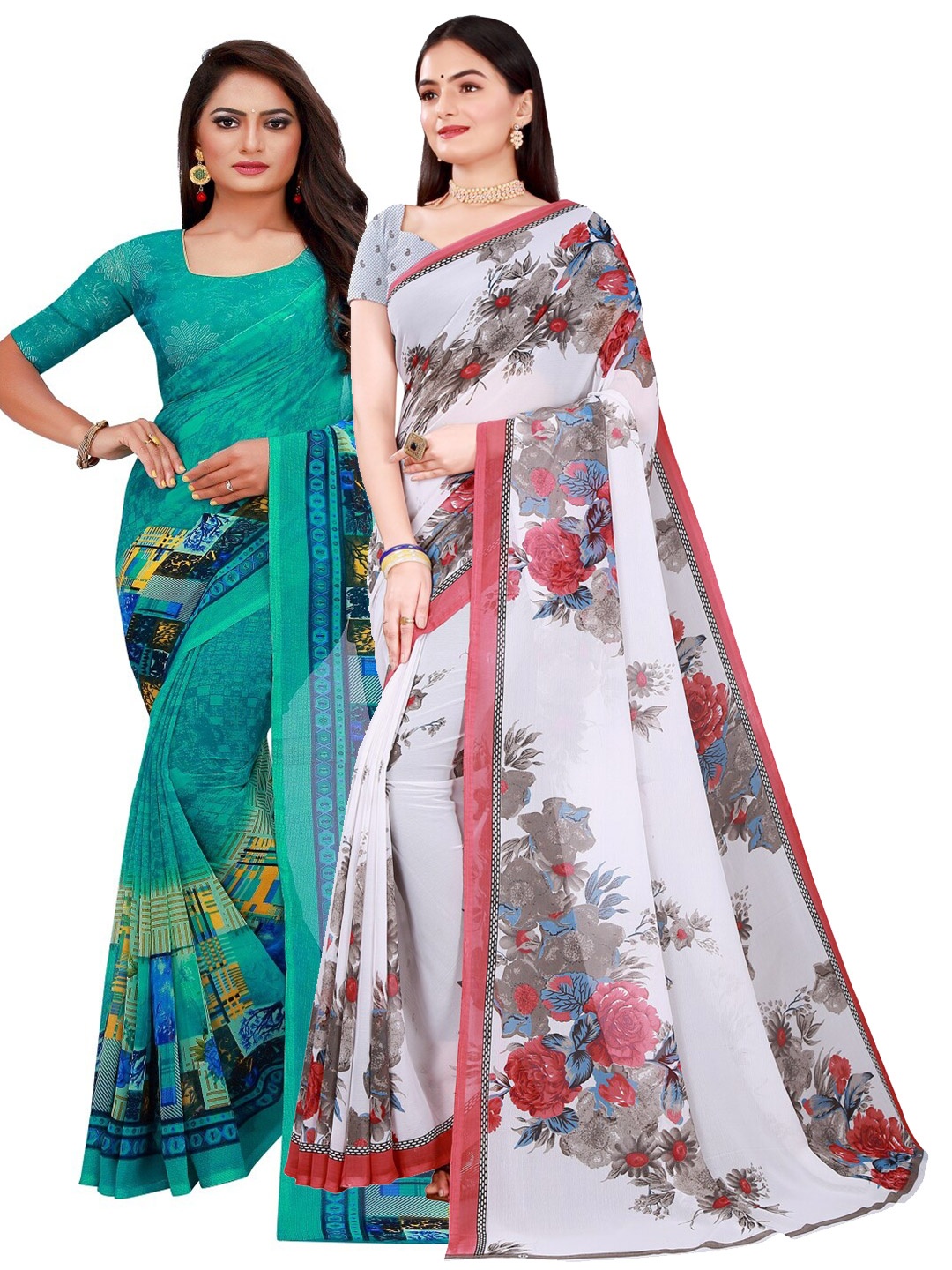 

Florence Pack Of 2 Women Teal & White Floral Pure Georgette Saree