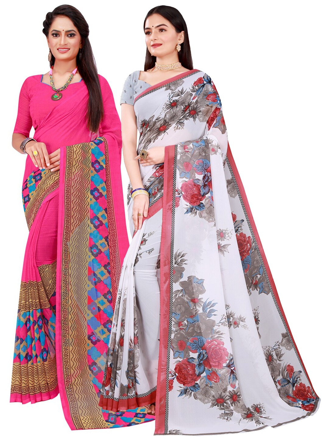 

Florence Pack Of 2 Magenta & White Pure Georgette Saree