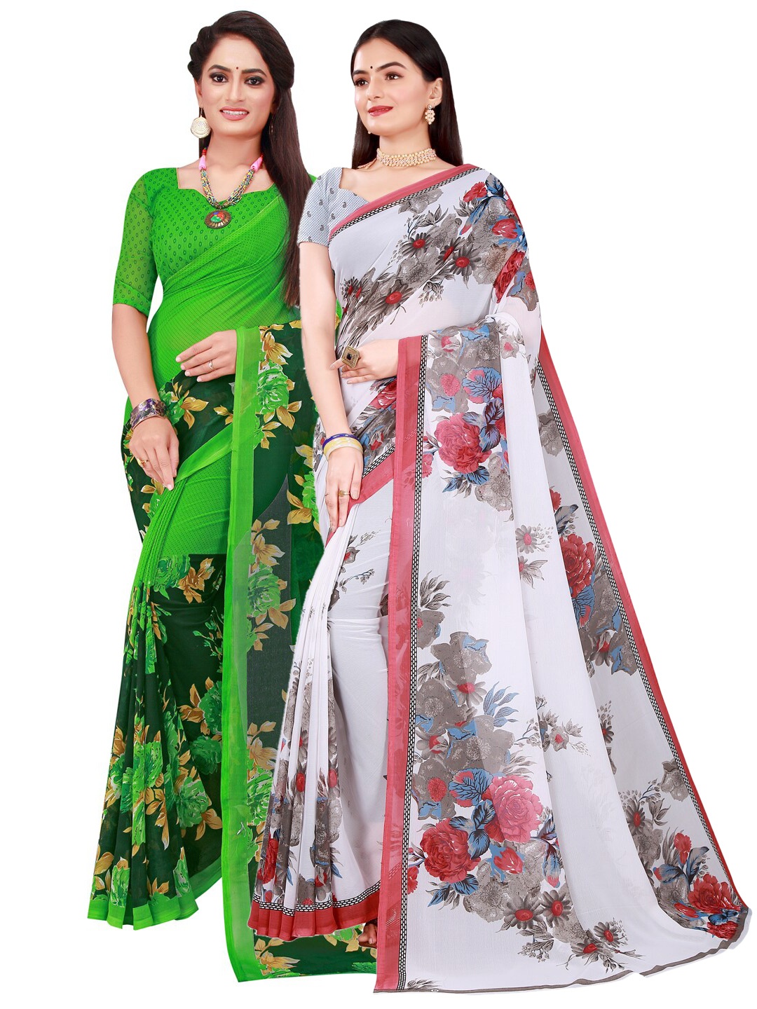 

Florence Pack Of 2 White & Green Floral Pure Georgette Saree