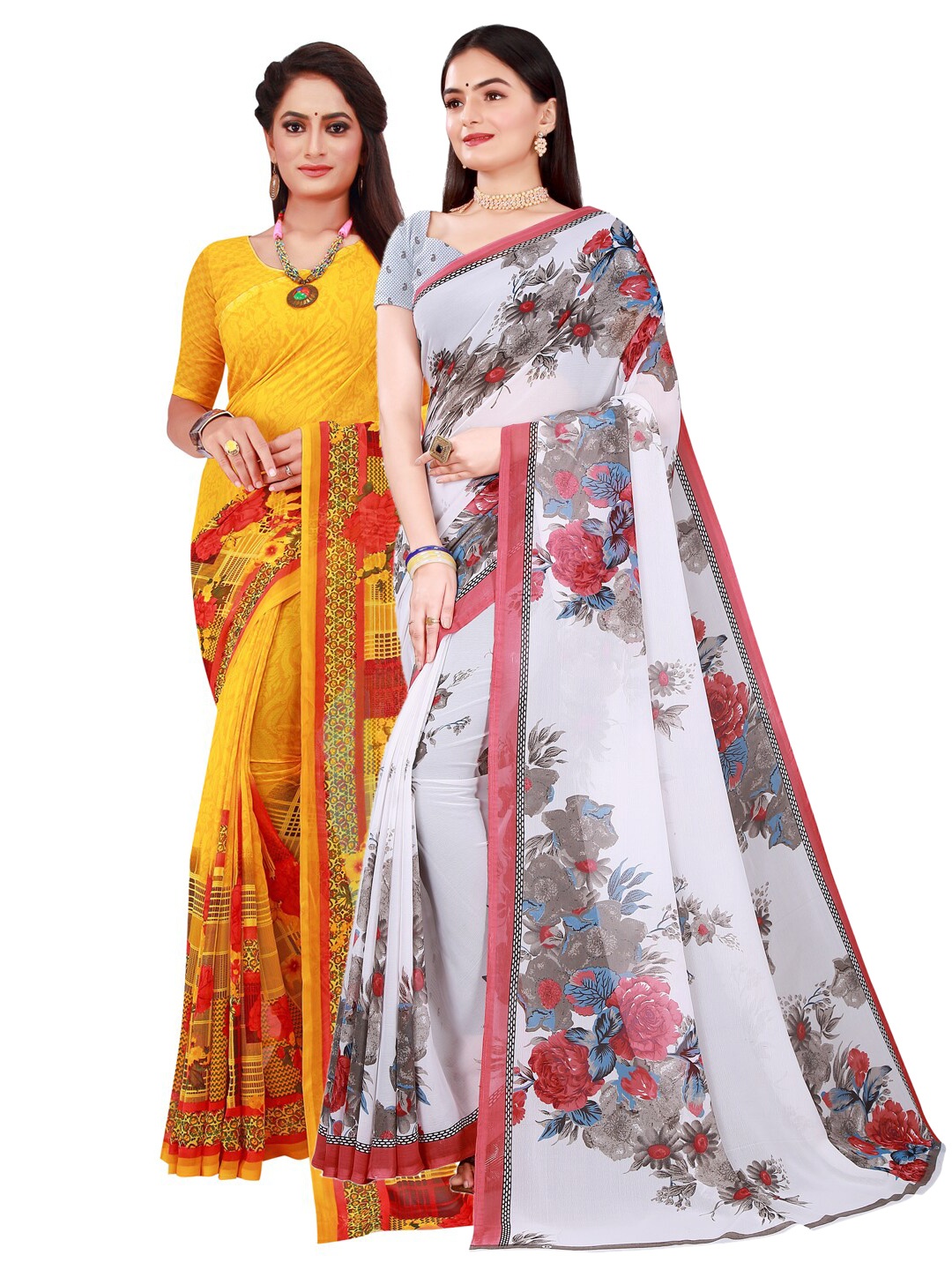 

Florence Pack Of 2 Yellow & White Floral Pure Georgette Saree