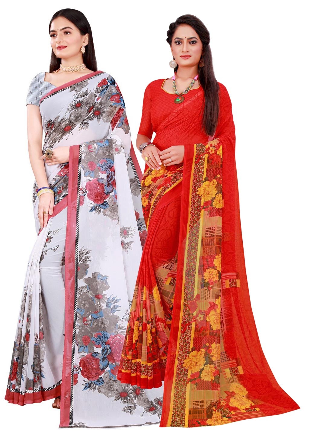 

Florence Set Of 2 White & Red Floral Pure Georgette Saree