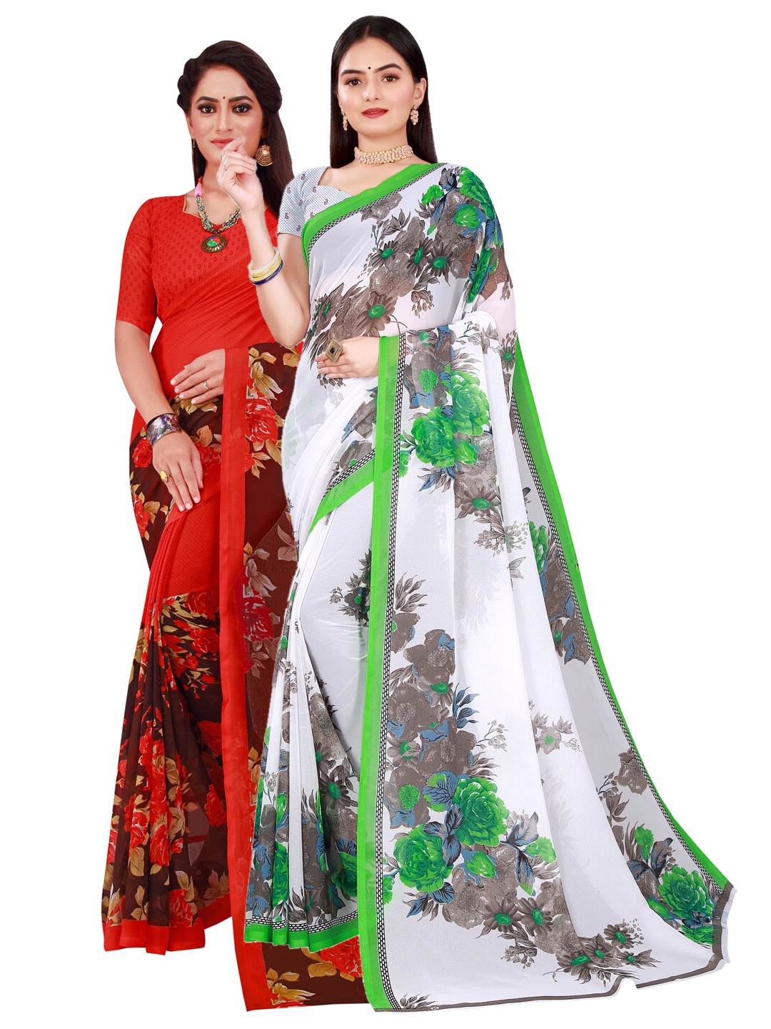 

Florence White & Red Pack of 2 Pure Georgette Saree