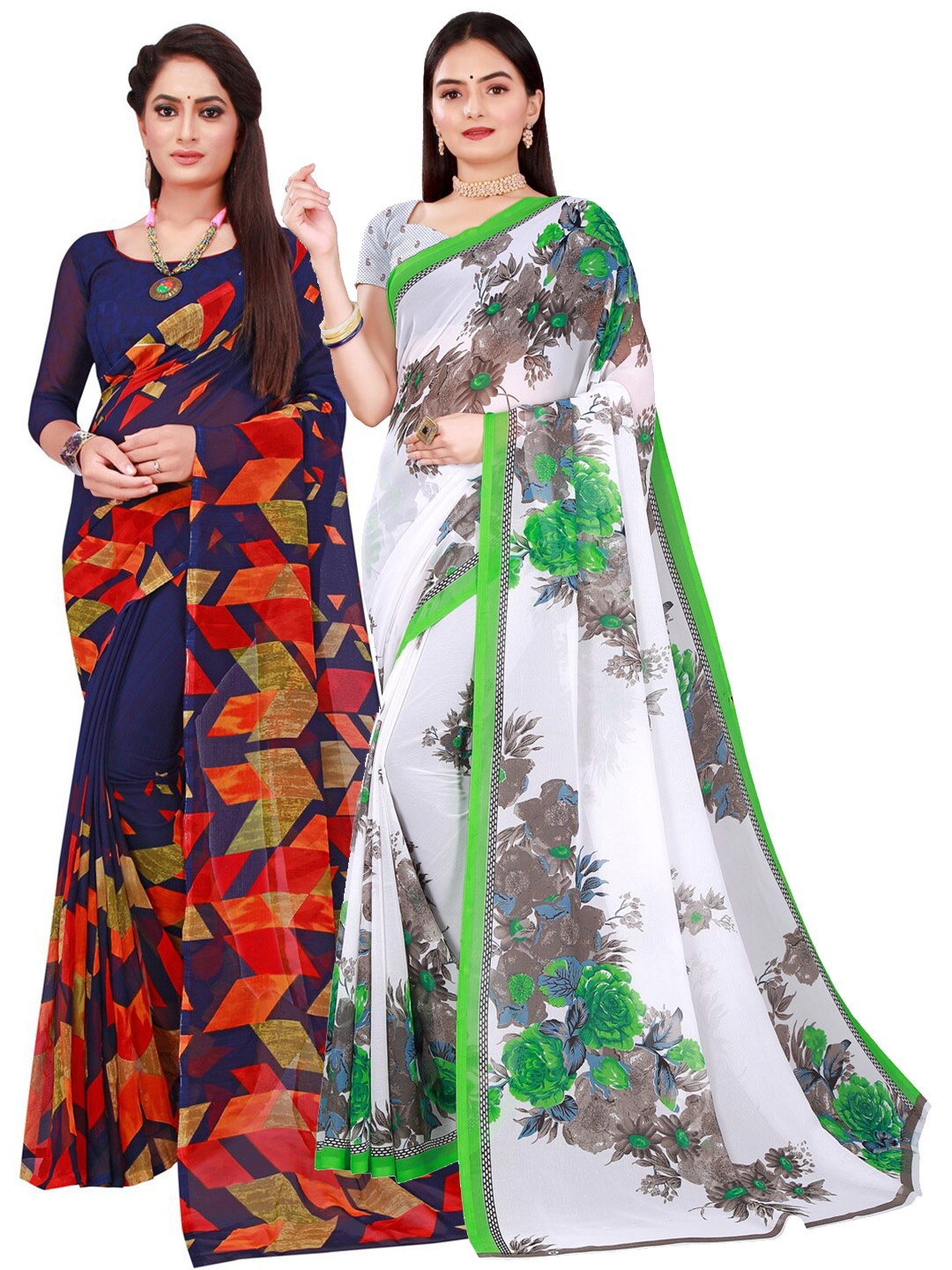 Florence Pack of 2 White & Navy Blue Printed Pure Georgette Saree