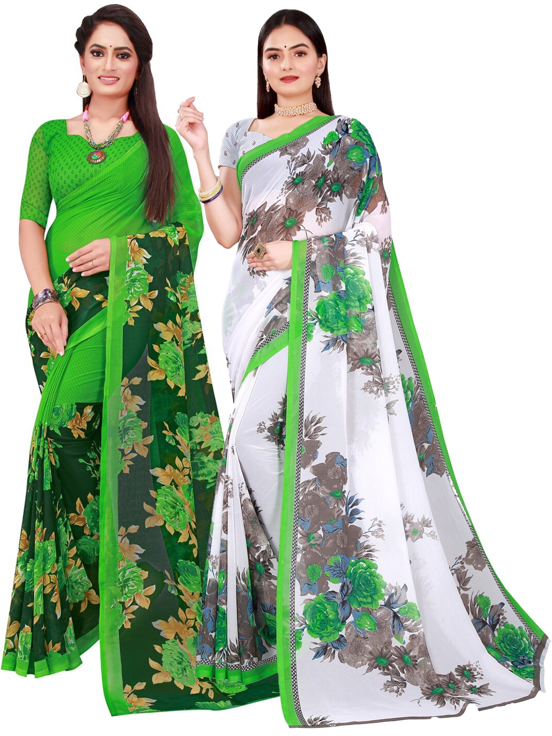 

Florence Pack of 2 White & Green Floral Pure Georgette Saree