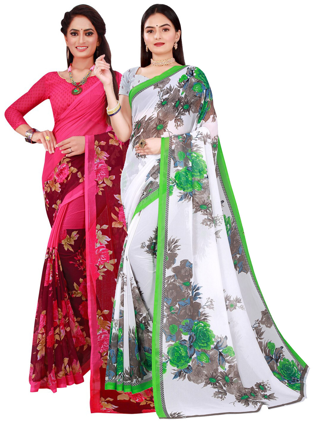

Florence Pack of 2 Women White & Pink Floral Pure Georgette Saree