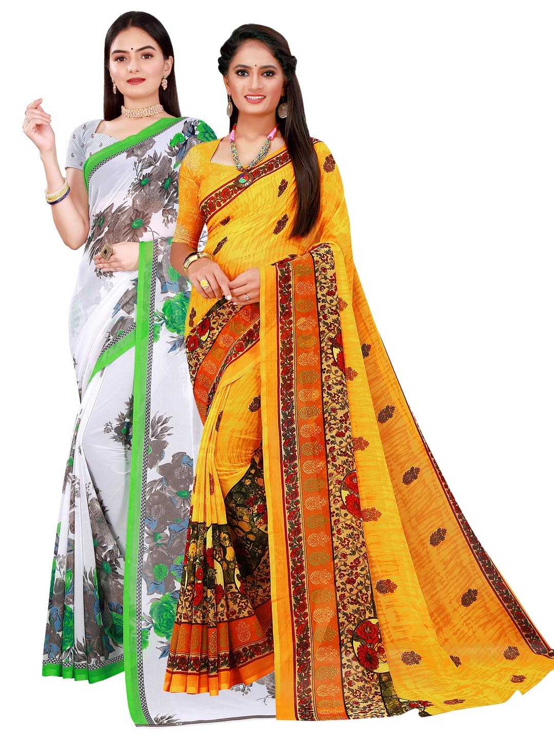 

Florence Women Pack Of 2 White & Yellow Floral Pure Georgette Saree