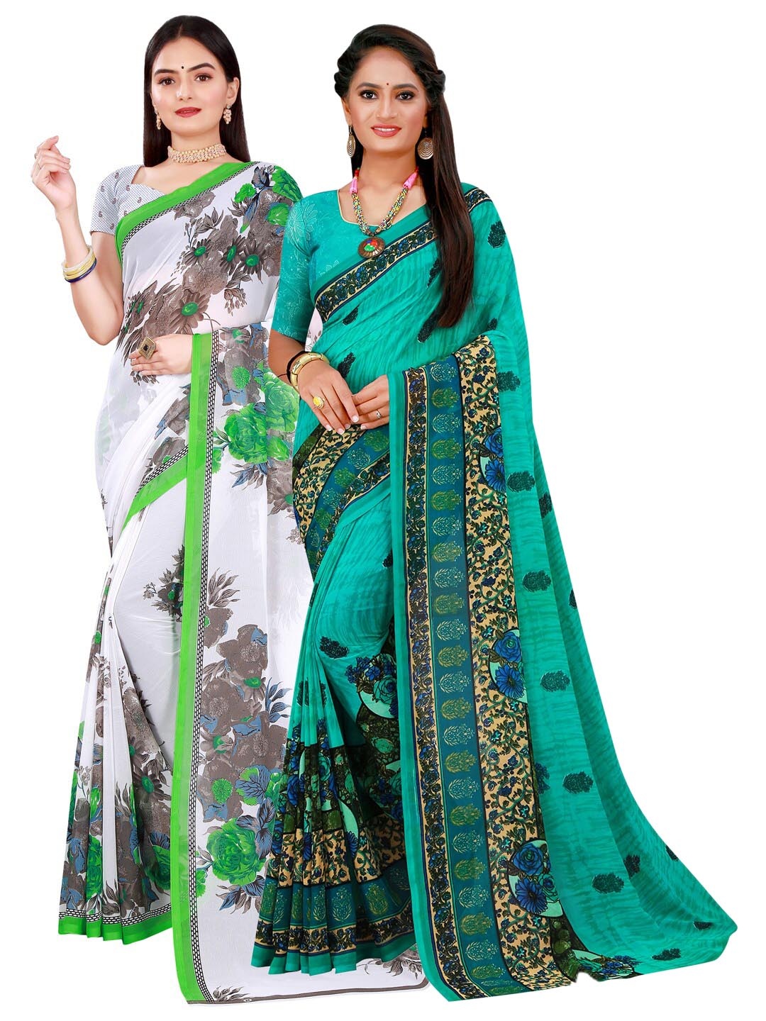 

Florence Pack of 2 White & Blue Floral Pure Georgette Saree