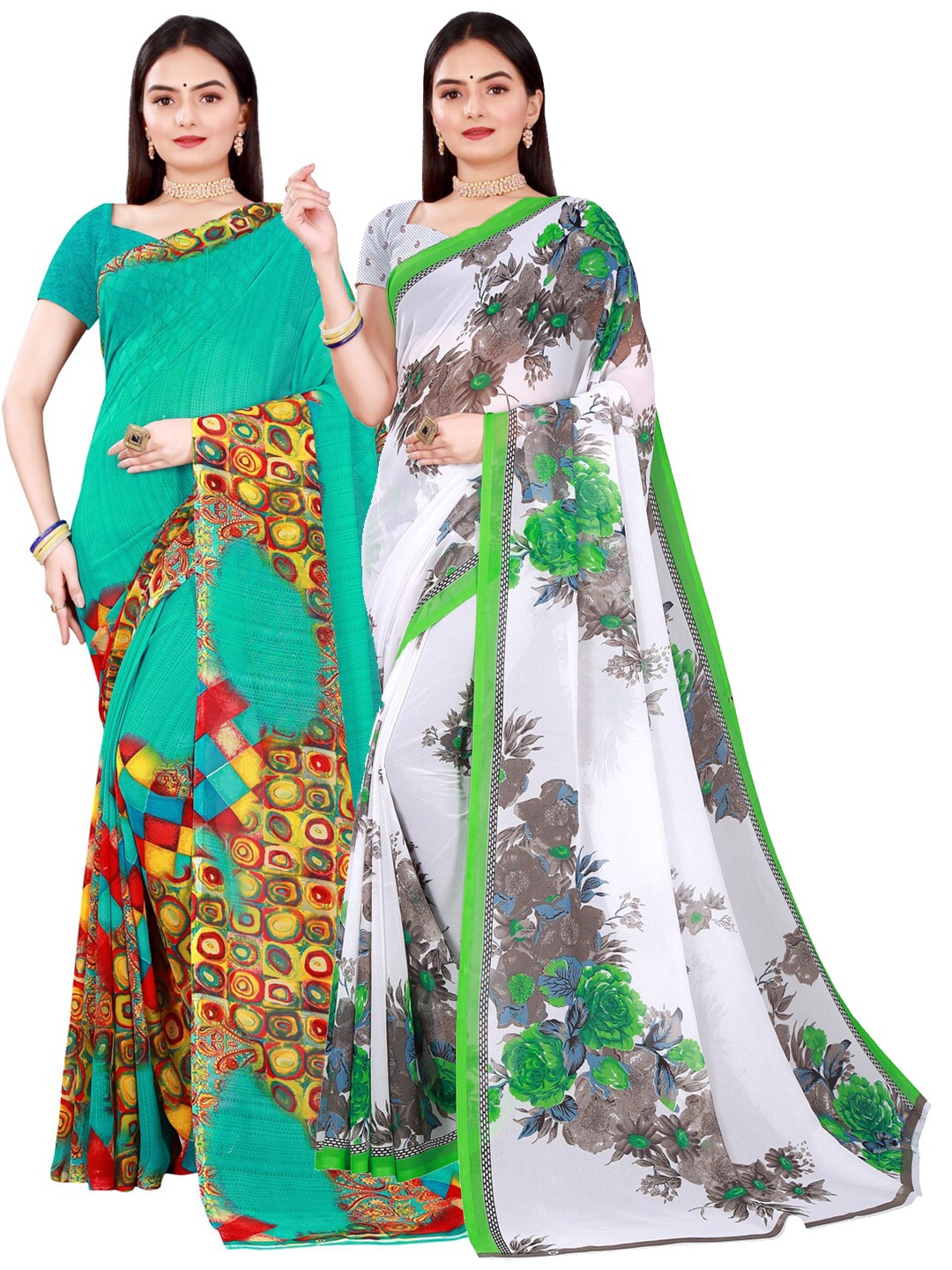 

Florence Women Pack Of 2 White & Green Printed Pure Georgette Saree