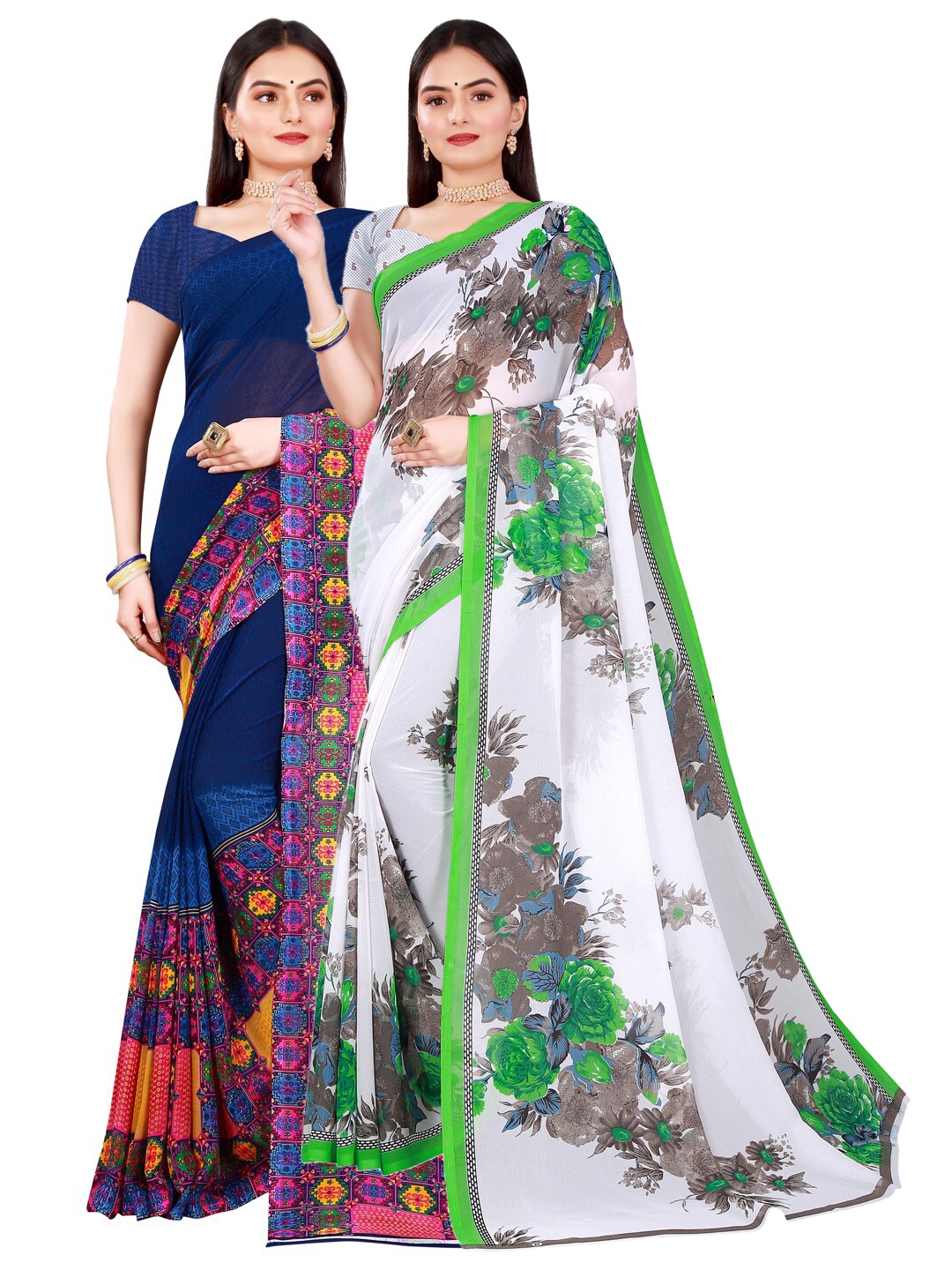 

Florence White & Navy Blue Pack of 2 Printed Pure Georgette Saree
