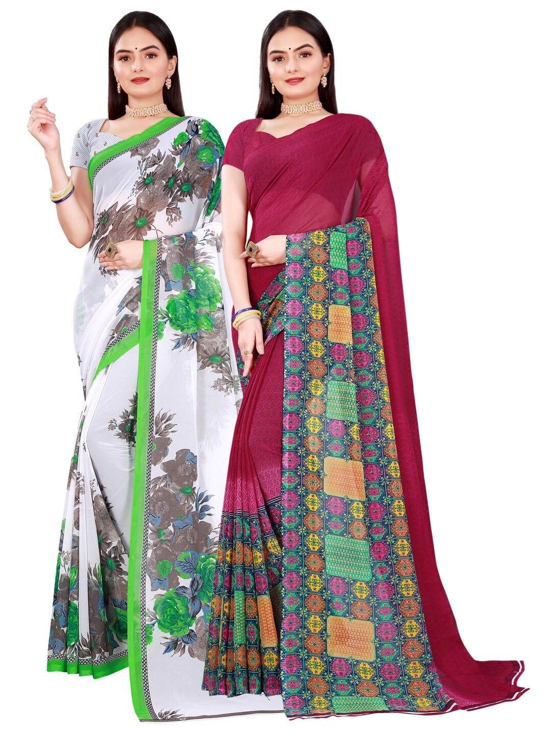 

Florence Pack of 2 White & Pink Ethnic Motifs Pure Georgette Saree