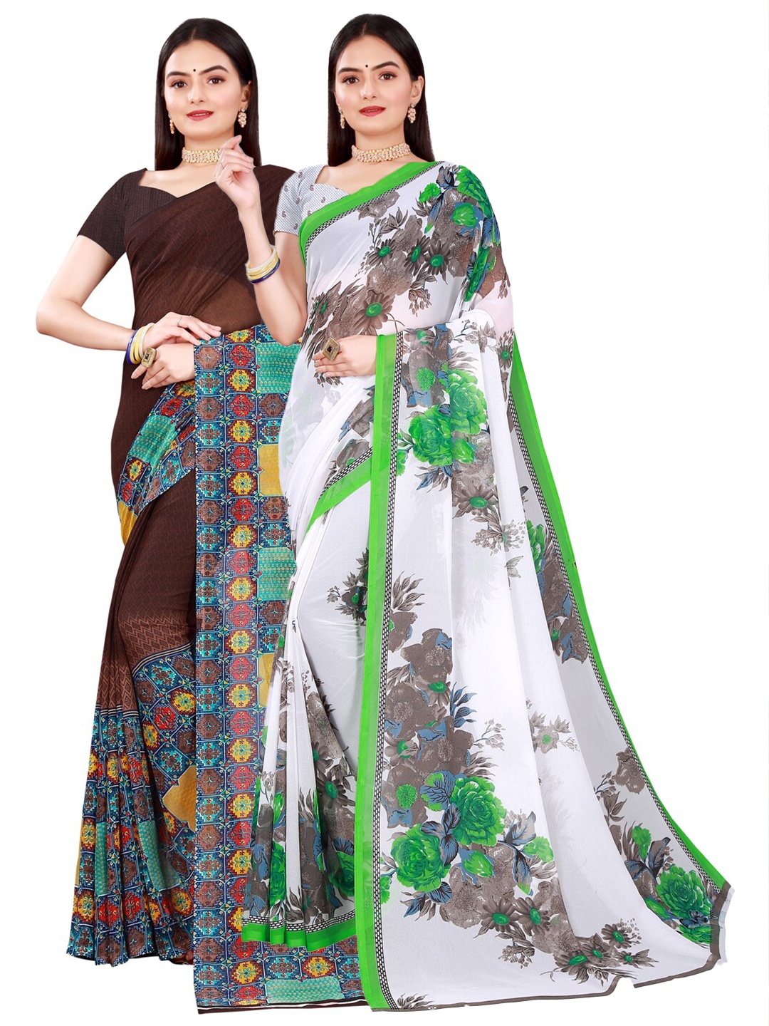 

Florence Pack Of 2 White & Brown Floral Pure Georgette Saree