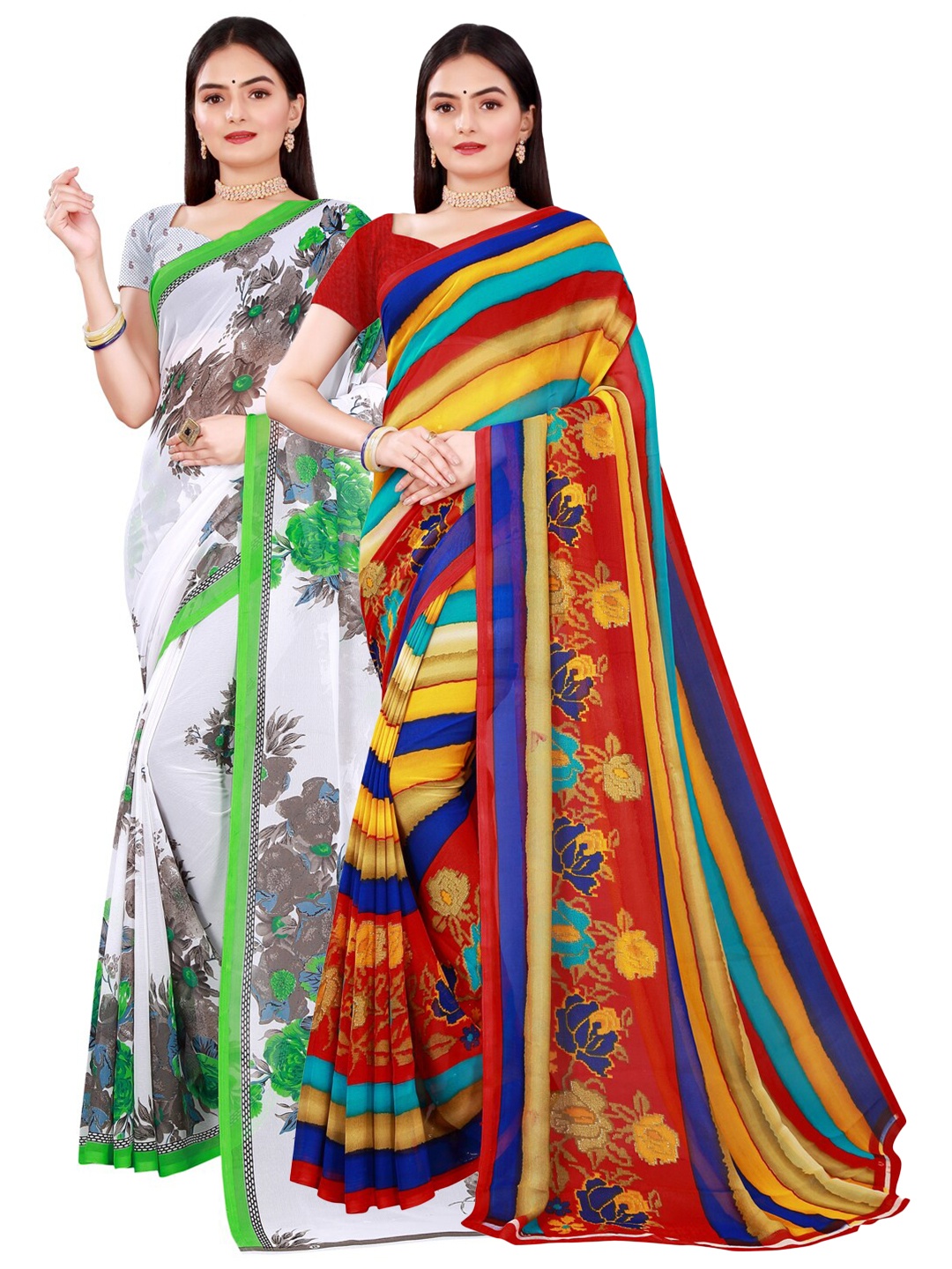

Florence White & Grey Pack Of 2 Floral Pure Georgette Saree