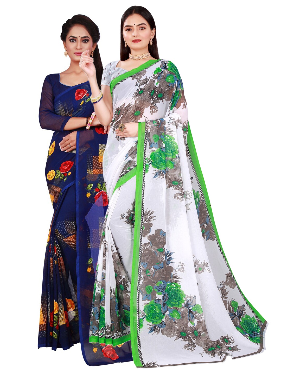 

Florence Pack of 2 White & Navy Blue Floral Pure Georgette Saree