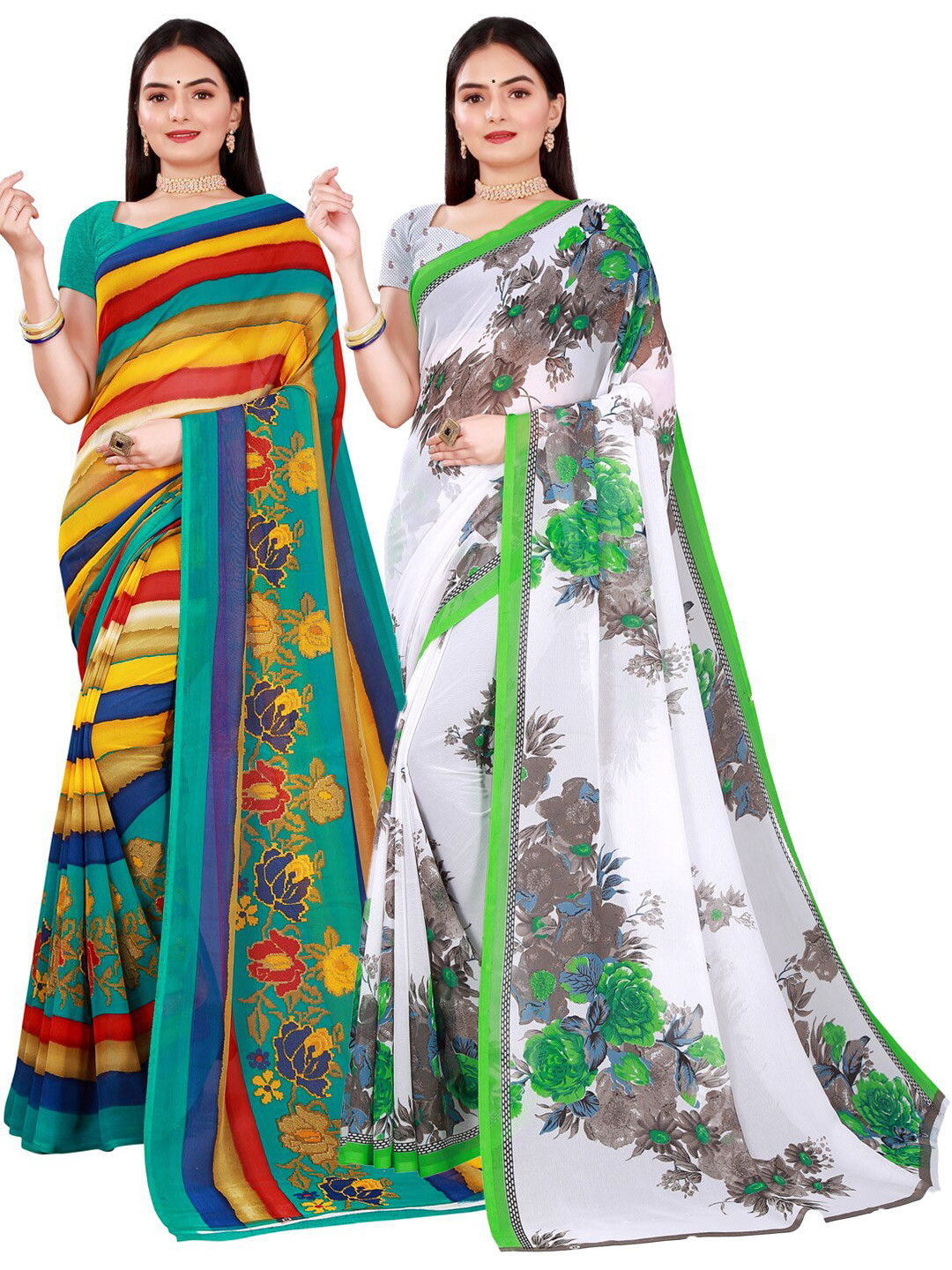 

Florence Set Of 2 White & Grey Striped Pure Georgette Saree