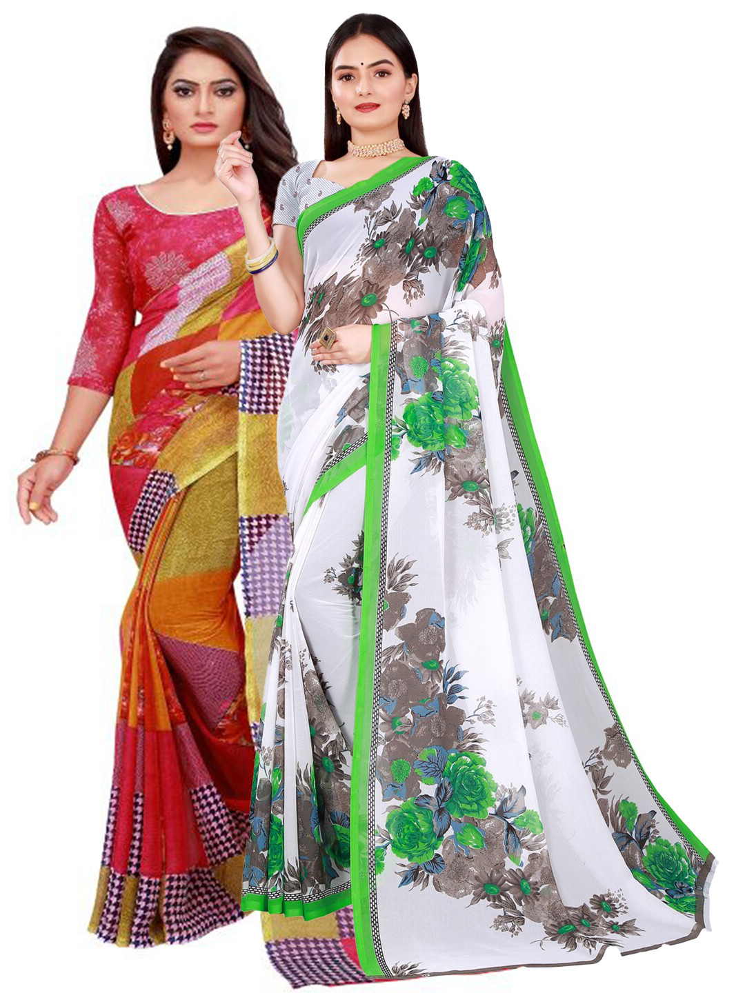 

Florence White & Multicoloured Pack of 2 Floral Pure Georgette Saree