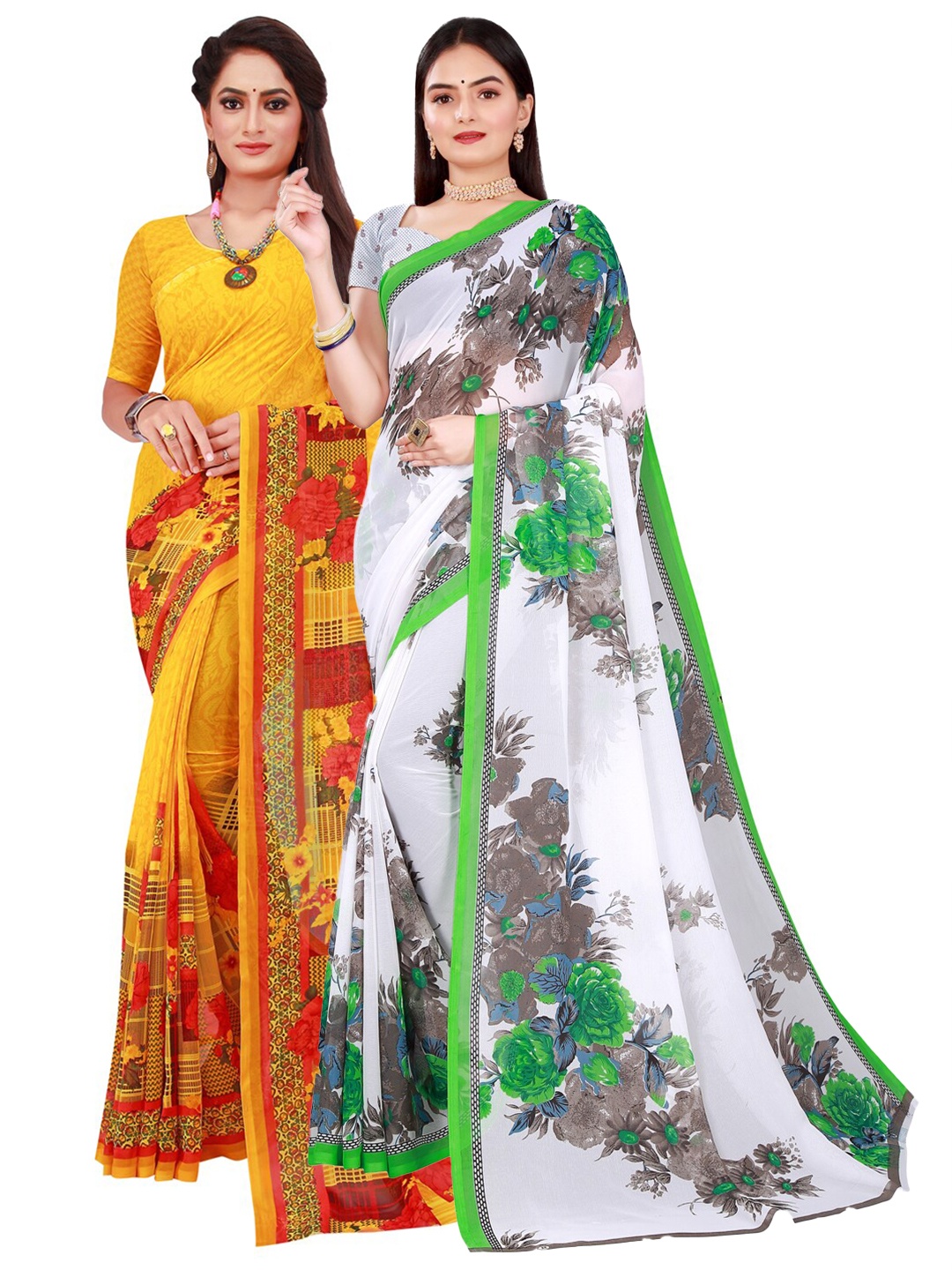 

Florence Pack of 2 White & Yellow Floral Pure Georgette Saree