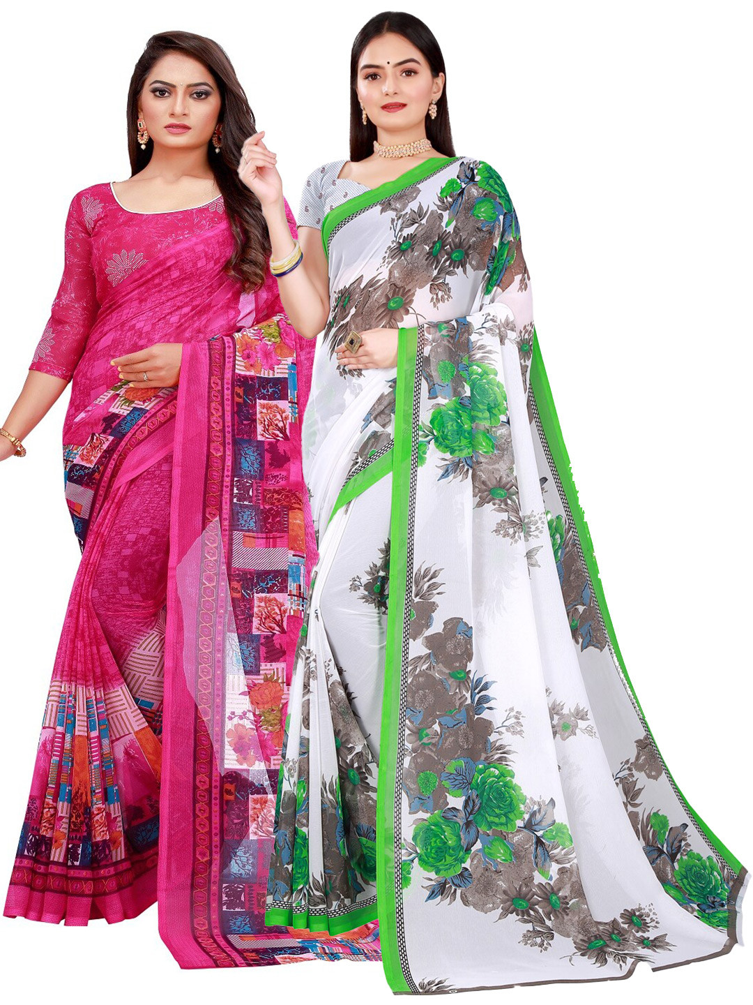 

Florence Set Of 2 White & Grey Floral Pure Georgette Saree
