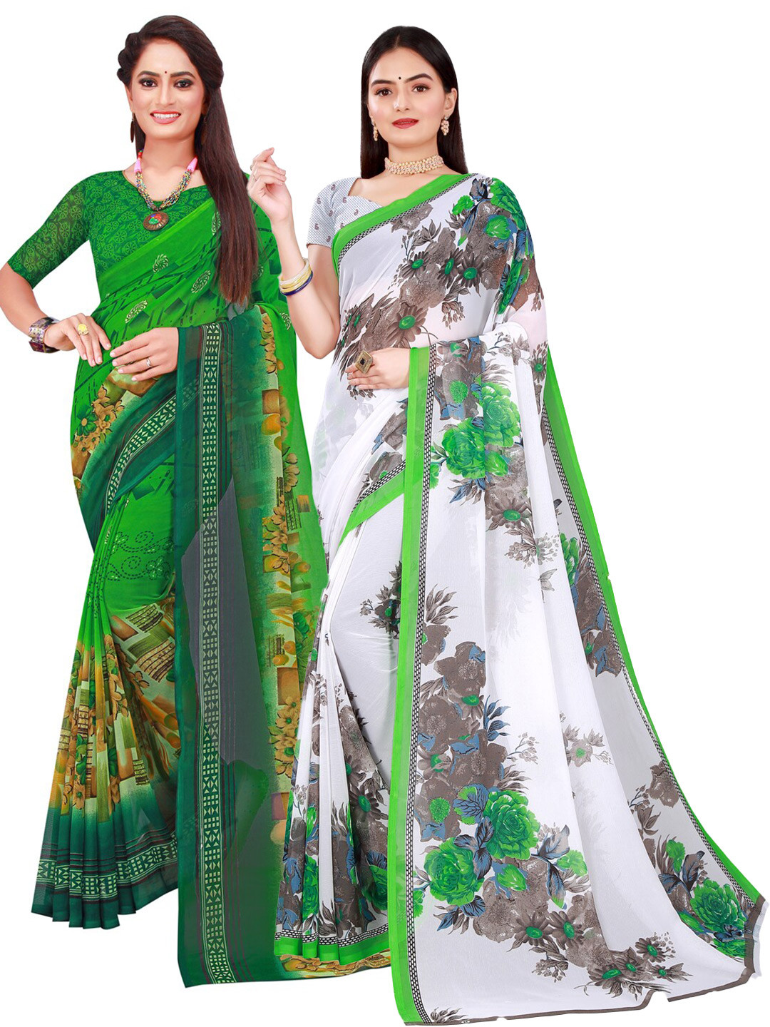 

Florence Pack of 2 White & Green Floral Printed Pure Georgette Saree