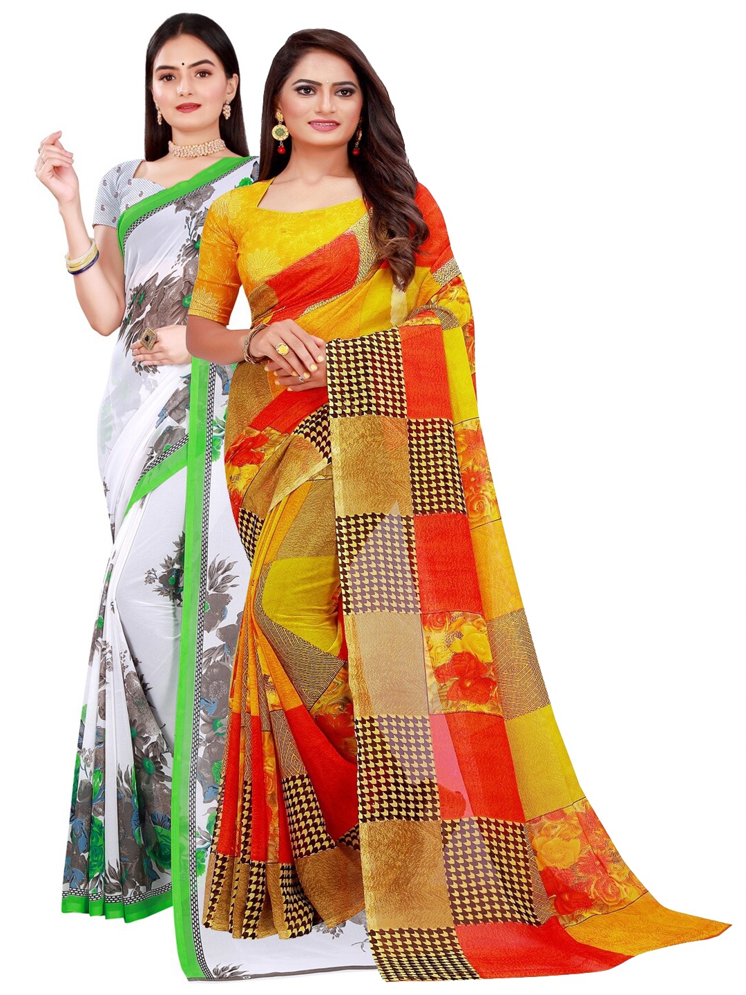 

Florence White & Yellow Printed Georgette Saree combo pack of 2