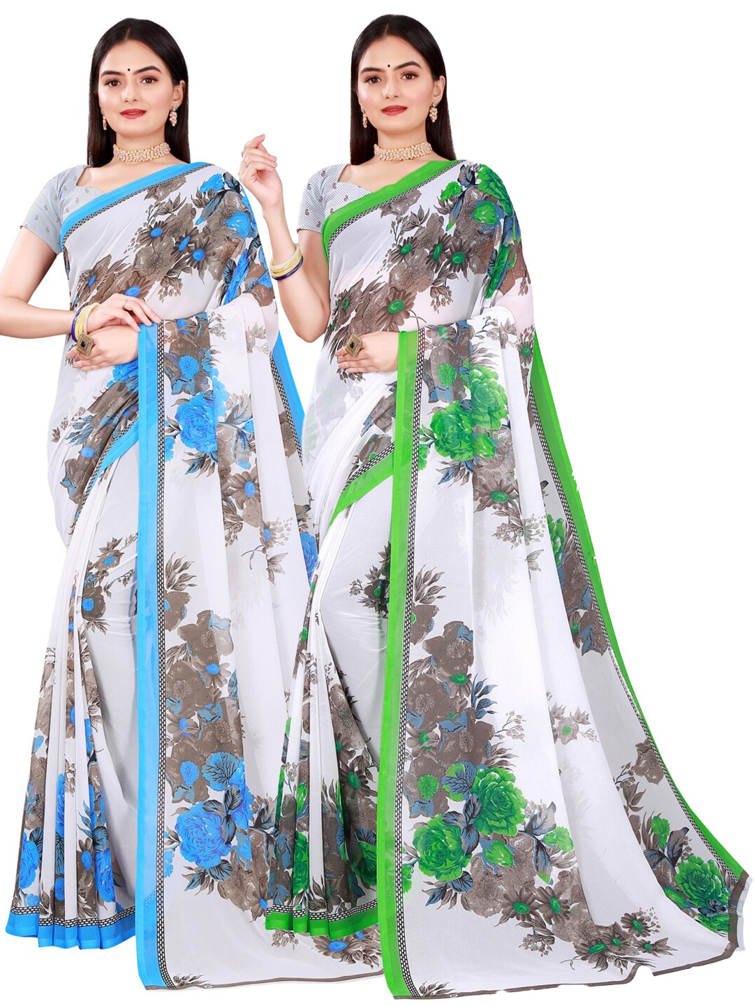 

Florence Pack of 2 White & Green Floral Pure Georgette Saree