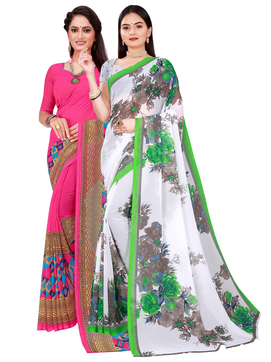 

Florence Pack of 2 White & Pink Floral Pure Georgette Saree