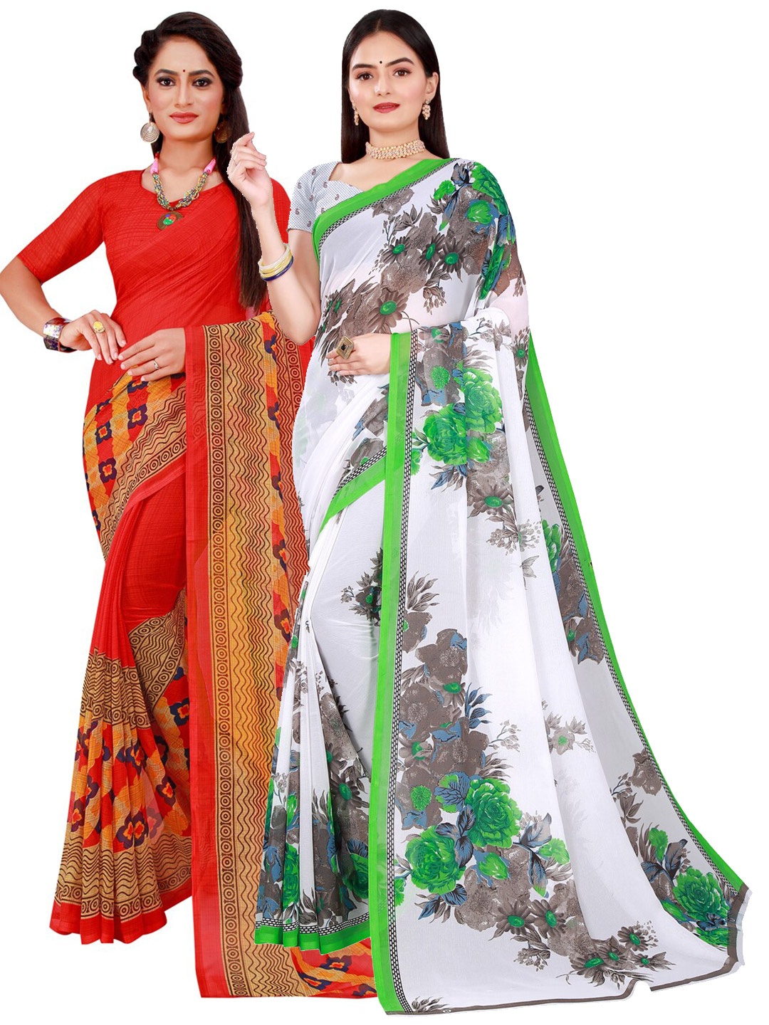 

Florence Pack of 2 White & Red Floral Pure Georgette Saree
