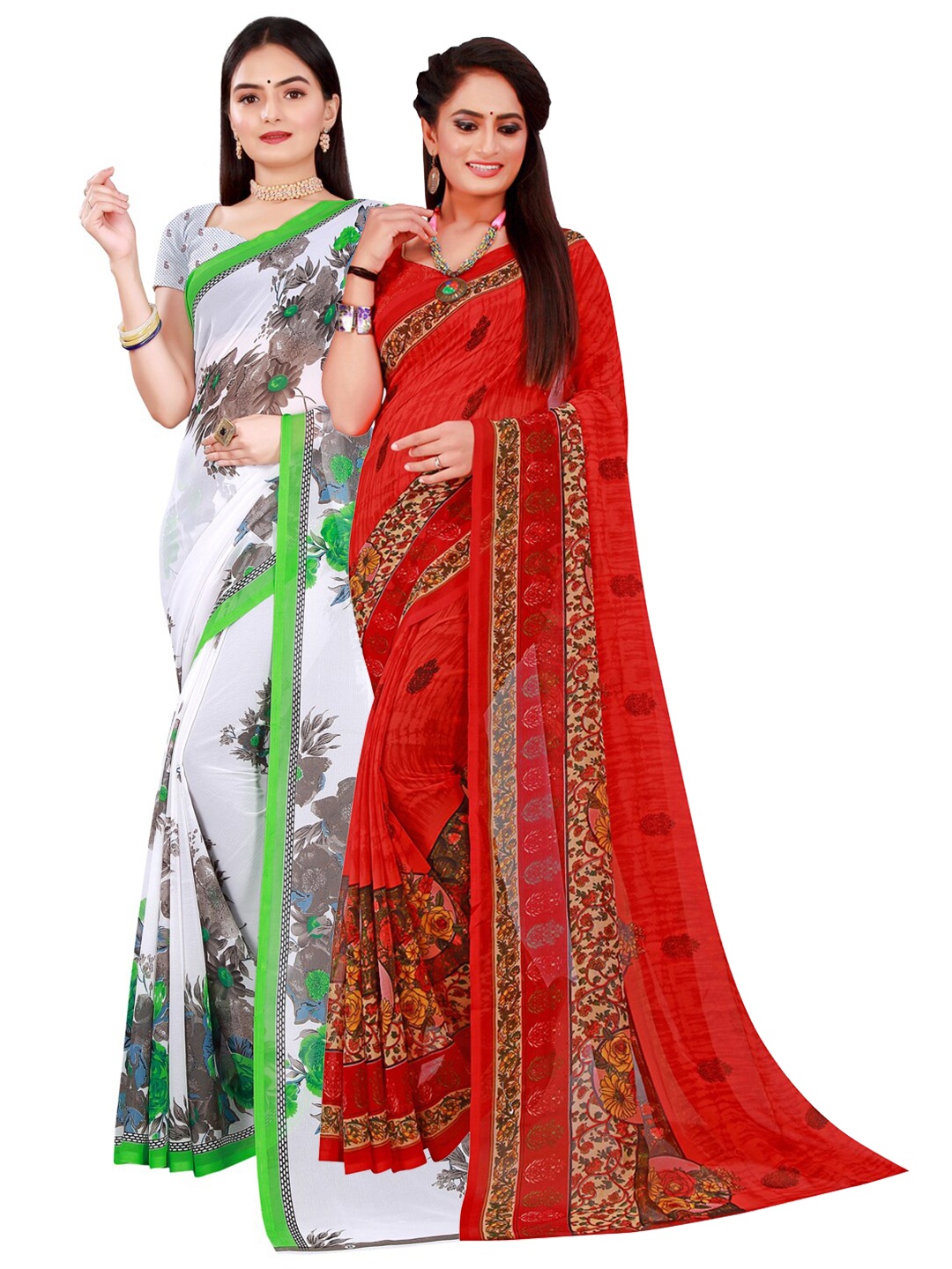 

Florence Women's Georgette White And Red Printed Combo Saree