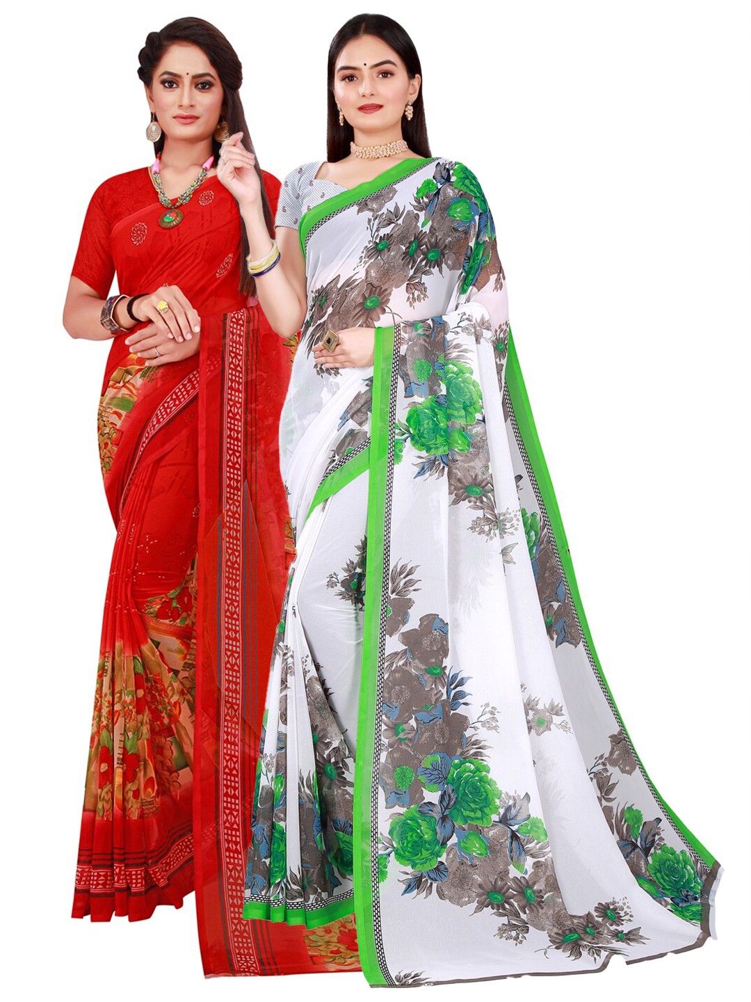 

Florence Women Pack Of 2 White & Red Floral Pure Georgette Saree