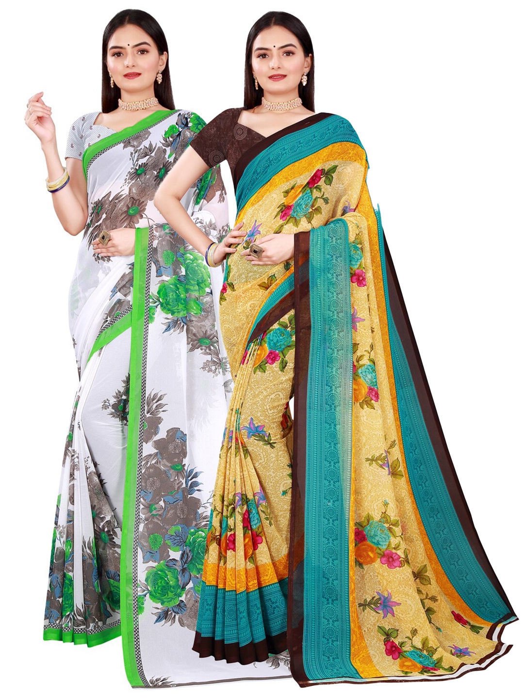 

Florence Pack Of 2 White & Yellow Floral Pure Georgette Saree