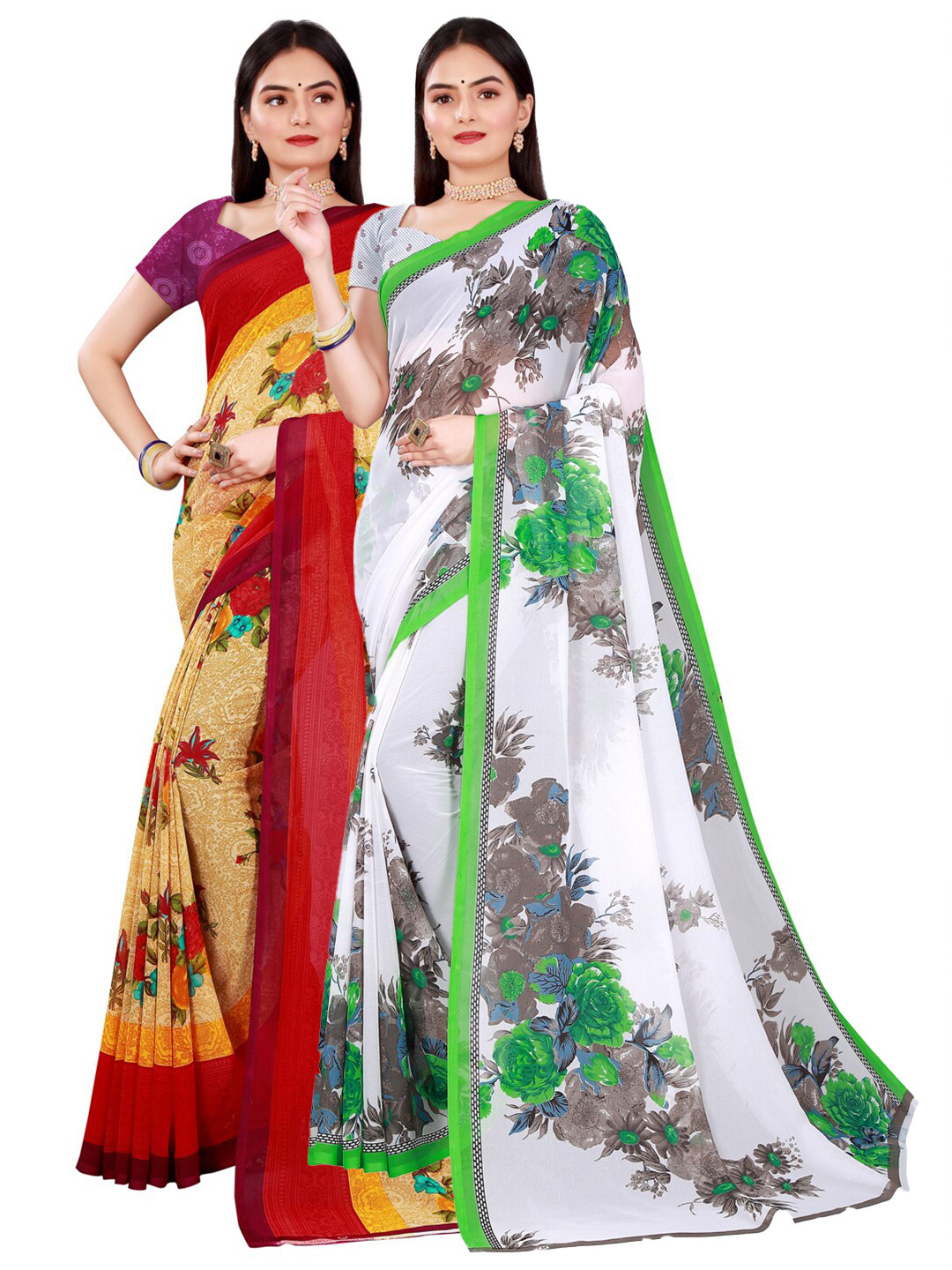 

Florence Women Pack of 2 White & Beige Floral Printed Pure Georgette Saree
