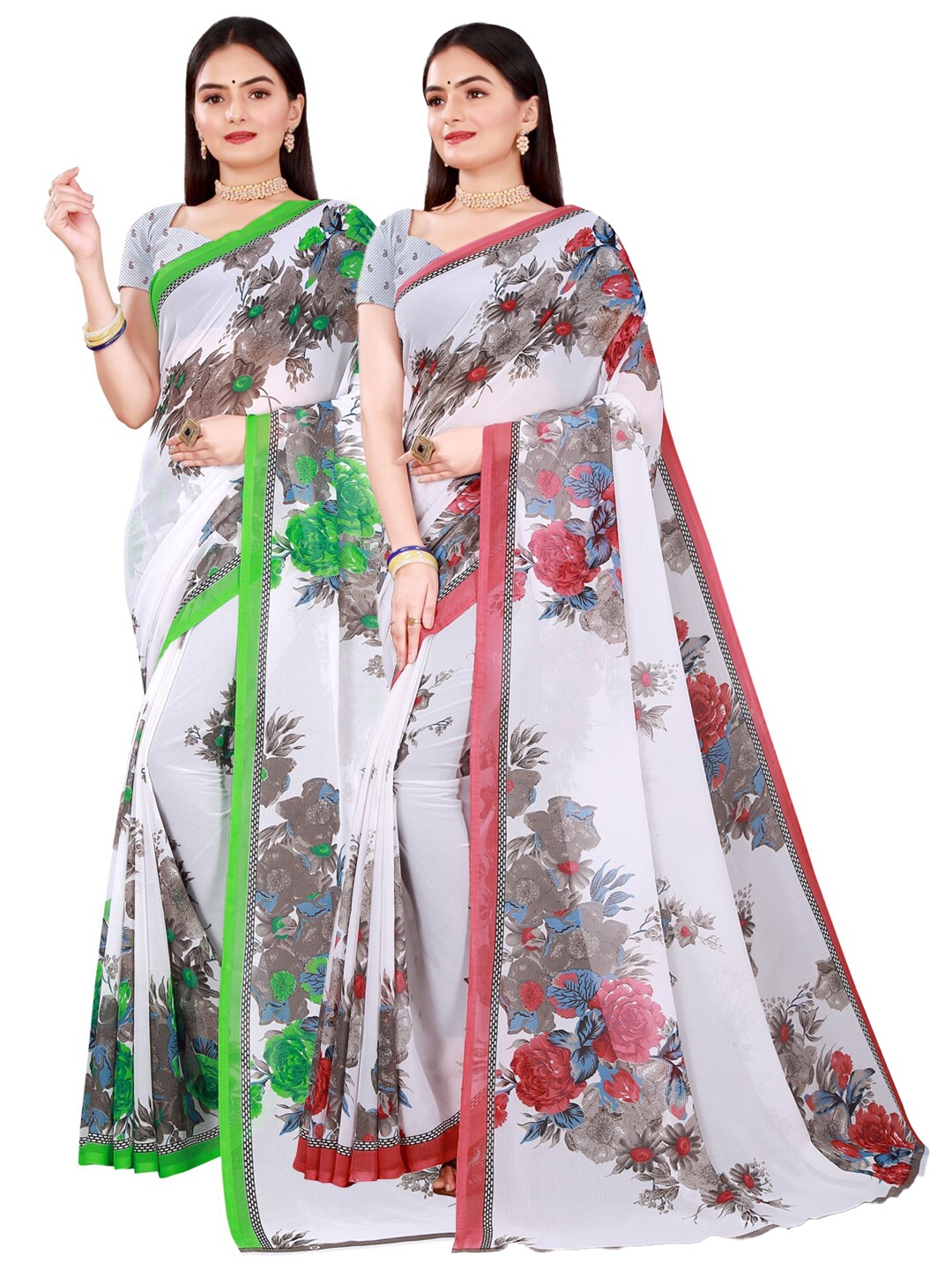 

Florence Pack of 2 White & Grey Floral Pure Georgette Saree