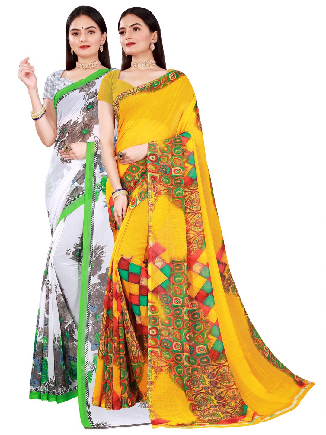 

Florence Pack of 2 White & Yellow Printed Pure Georgette Saree With Unstitched Blouse