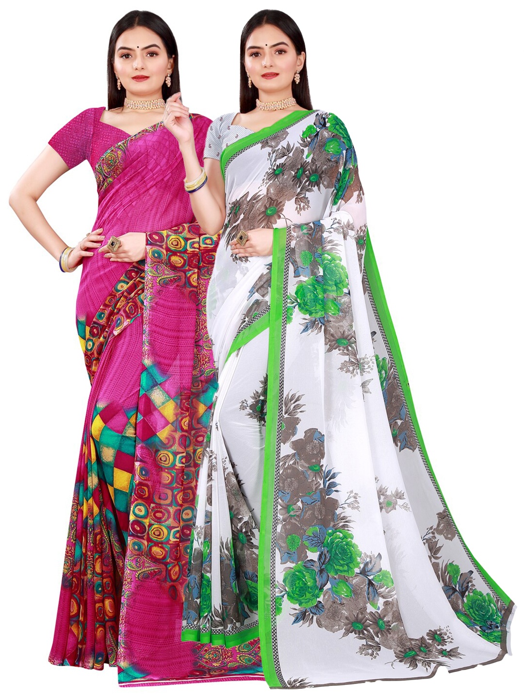 

Florence White & Pink Pack of 2 Printed Pure Georgette Saree
