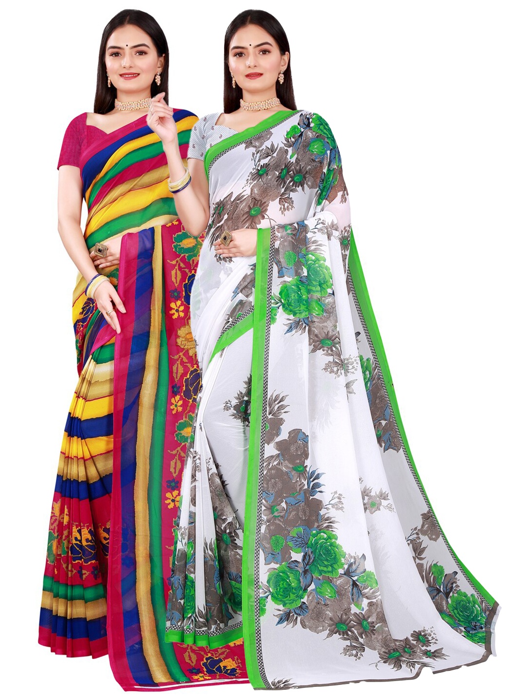 Florence Pack of 2 White & Grey Floral Pure Georgette Saree