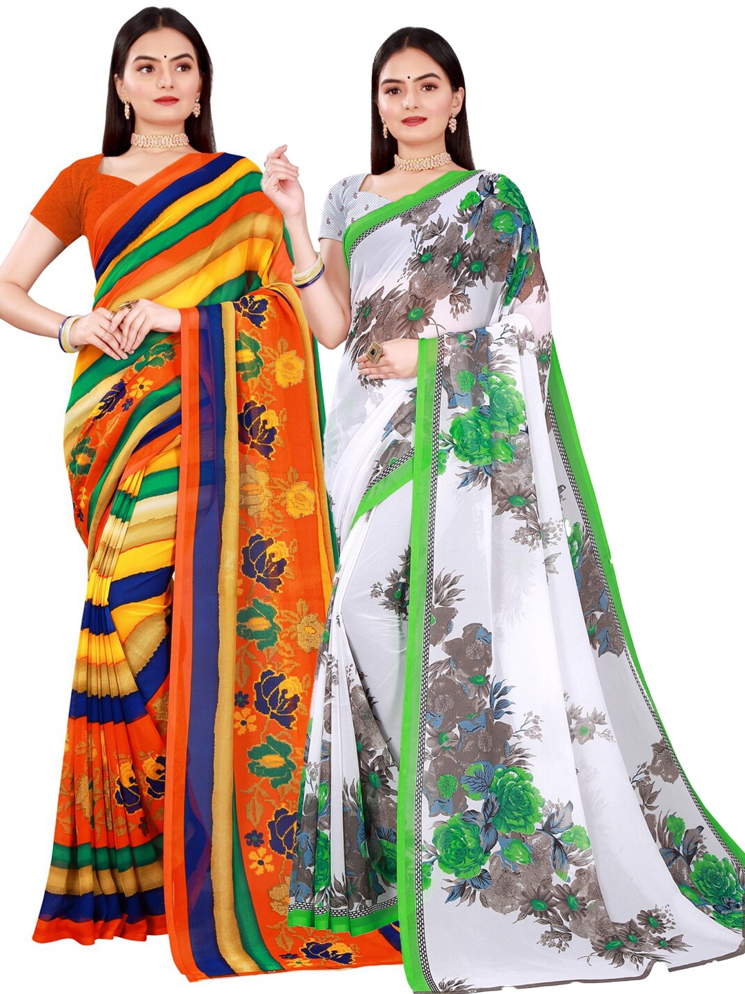 

Florence White & Green Pure Georgette Pack Of 2 Saree