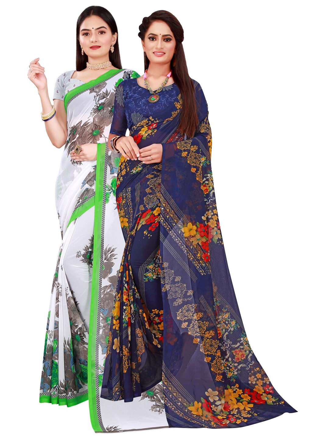 

Florence Pack of 2 White & Navy Blue Floral Pure Georgette Saree