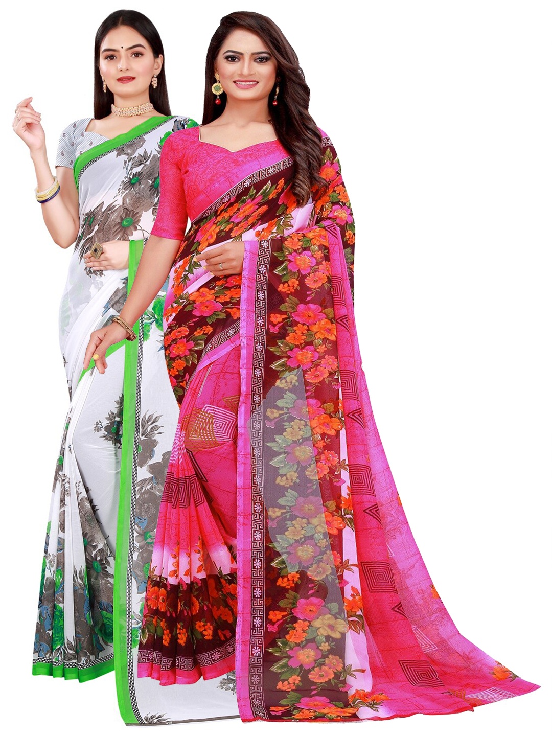 

Florence White & Pink Floral Pure Georgette Saree