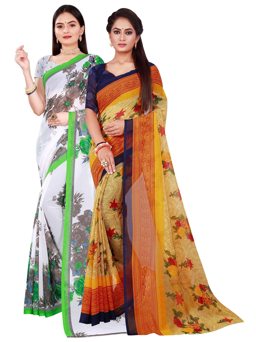 

Florence White & Yellow Pack of 2 Pure Georgette Saree