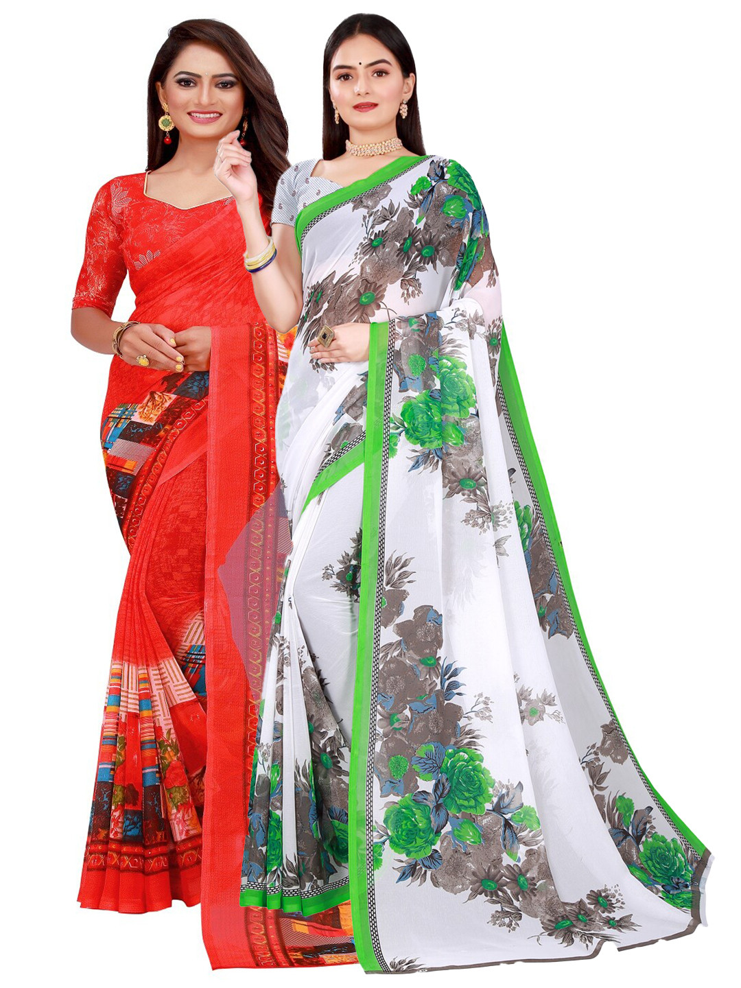 

Florence Set Of 2 White & Red Floral Pure Georgette Saree